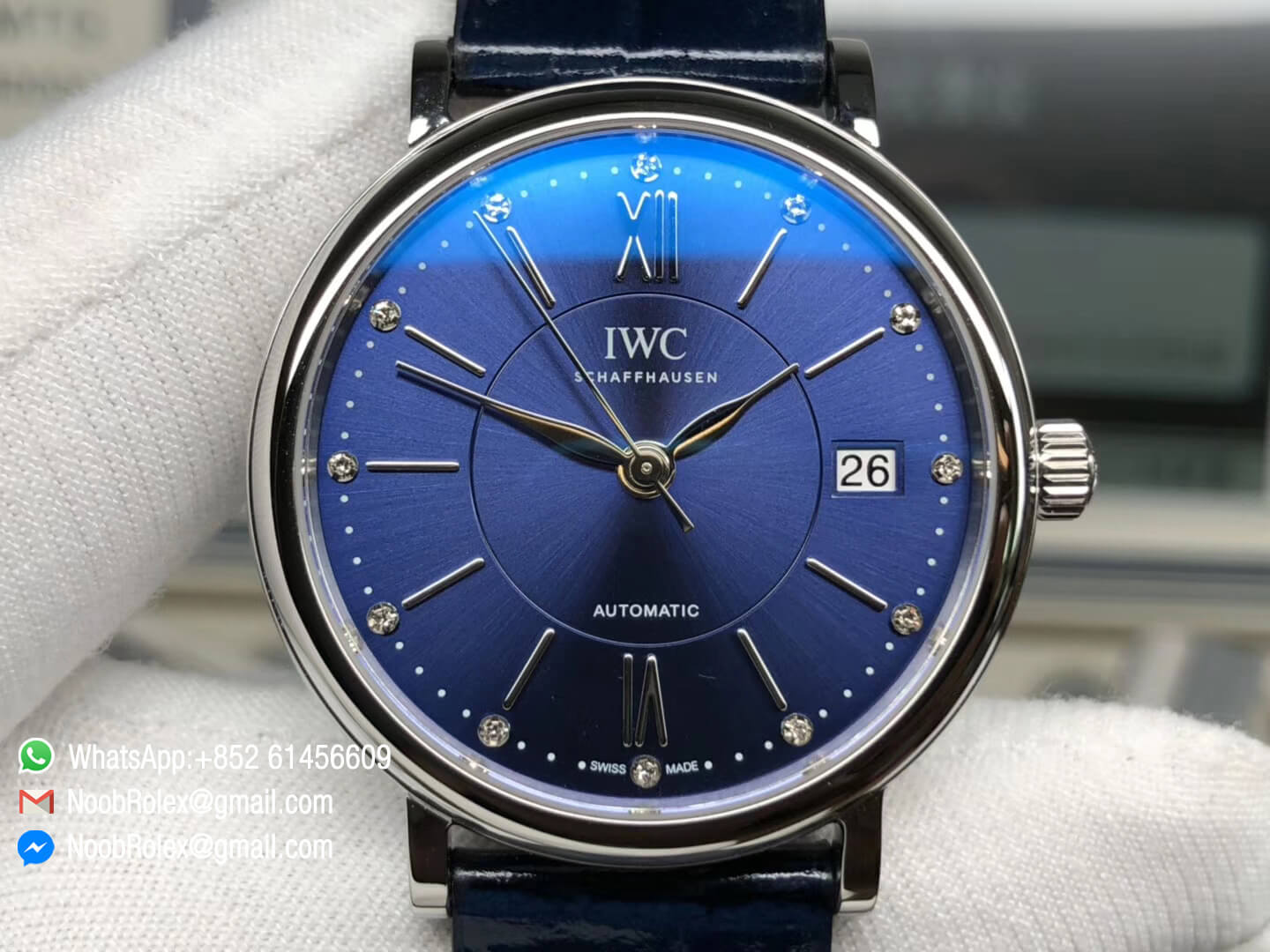 Portofino Automatic 37mm Lady Watch Steel Case Blue Dial with Diamonds on Blue Leather Strap MIYOTA 9015 MK 1:1 Best Edition