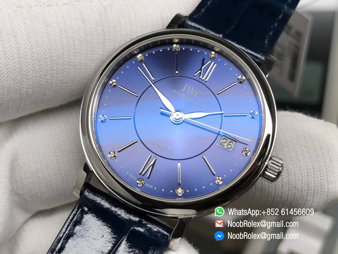 Portofino Automatic 37mm Lady Watch Steel Case Blue Dial with Diamonds on Blue Leather Strap MIYOTA 9015 MK 1:1 Best Edition