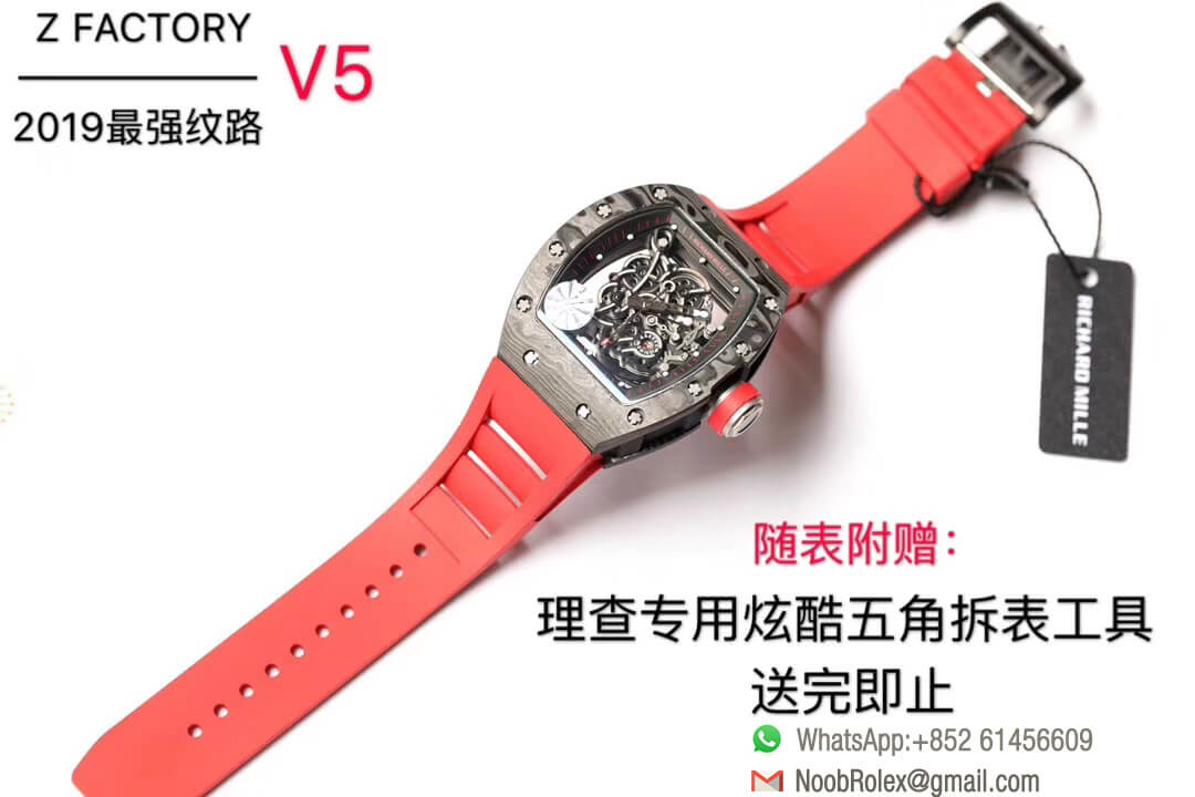 RM055 2019 Z Factory 1:1 Best Edition The Best Texture Forge Carbon Titanium Case Skeleton Dial Red Crown on Red Rubber Strap MIYOTA8215