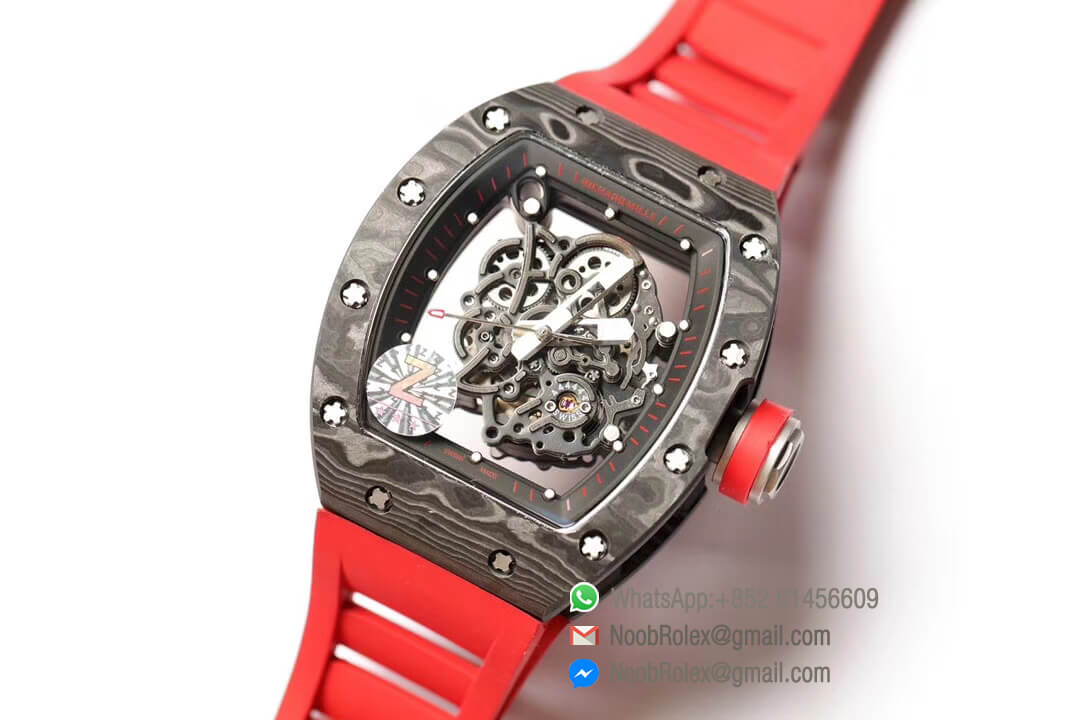 RM055 2019 Z Factory 1:1 Best Edition The Best Texture Forge Carbon Titanium Case Skeleton Dial Red Crown on Red Rubber Strap MIYOTA8215