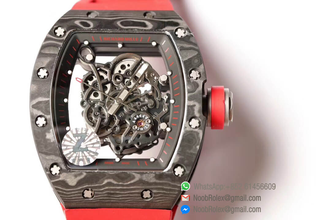 RM055 2019 Z Factory 1:1 Best Edition The Best Texture Forge Carbon Titanium Case Skeleton Dial Red Crown on Red Rubber Strap MIYOTA8215