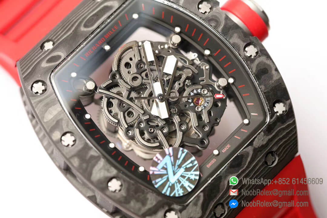 RM055 2019 Z Factory 1:1 Best Edition The Best Texture Forge Carbon Titanium Case Skeleton Dial Red Crown on Red Rubber Strap MIYOTA8215