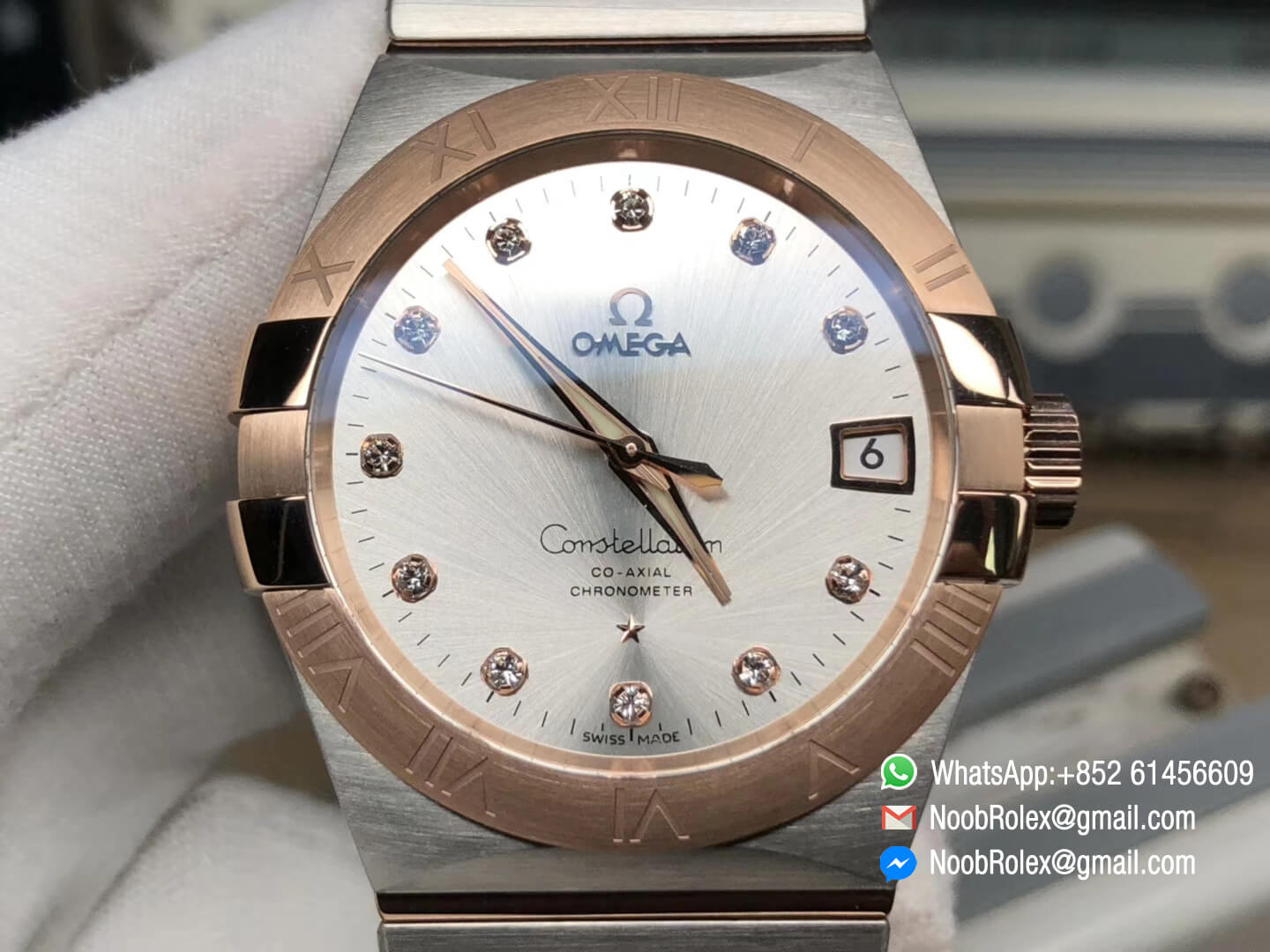 Constellation Ladies Watch 38mm Rose Gold Case Silver Dial Diamonds Markers on Two Tone 18K Rose Gold Bracelet Super Clone A8500 Movement VS Factory 1:1 Best Edition