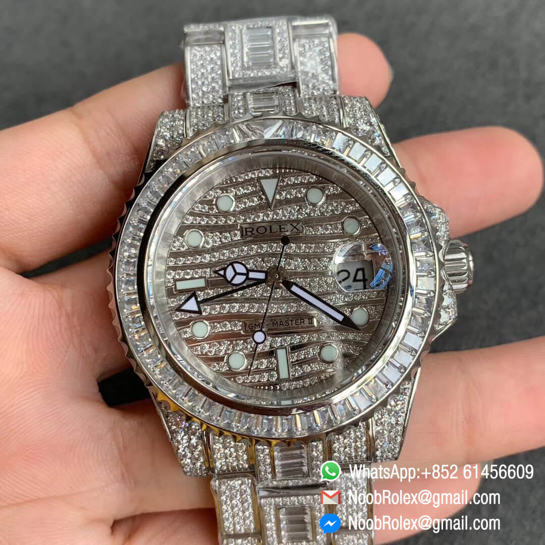 GMT Master II 116769BRIL 116769 Full Diamonds Encrusted on 316L Steel Case Full Diamonds Encrusted Wavy Dial with Round Luminous Markers TWF Best Edition A2836