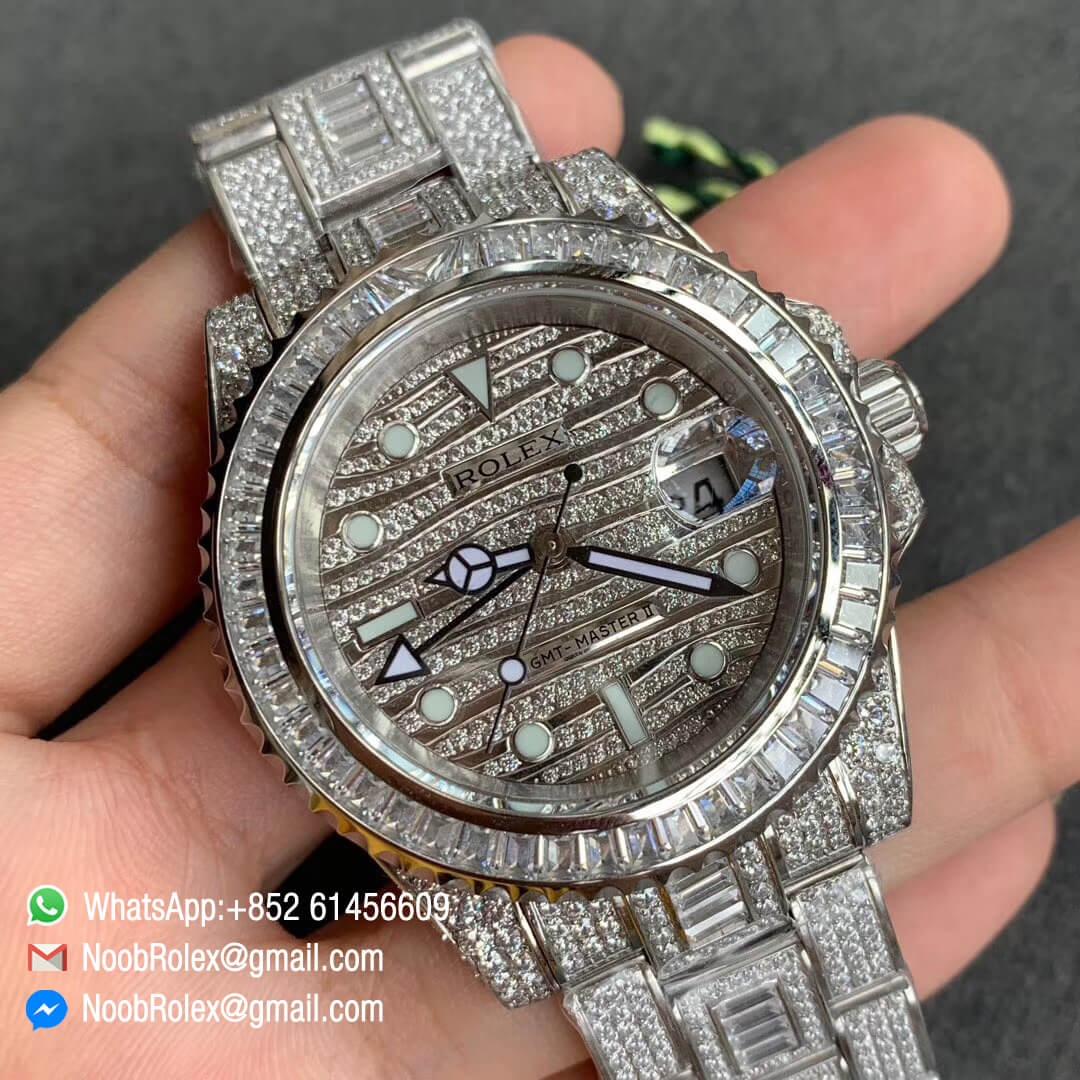 GMT Master II 116769BRIL 116769 Full Diamonds Encrusted on 316L Steel Case Full Diamonds Encrusted Wavy Dial with Round Luminous Markers TWF Best Edition A2836