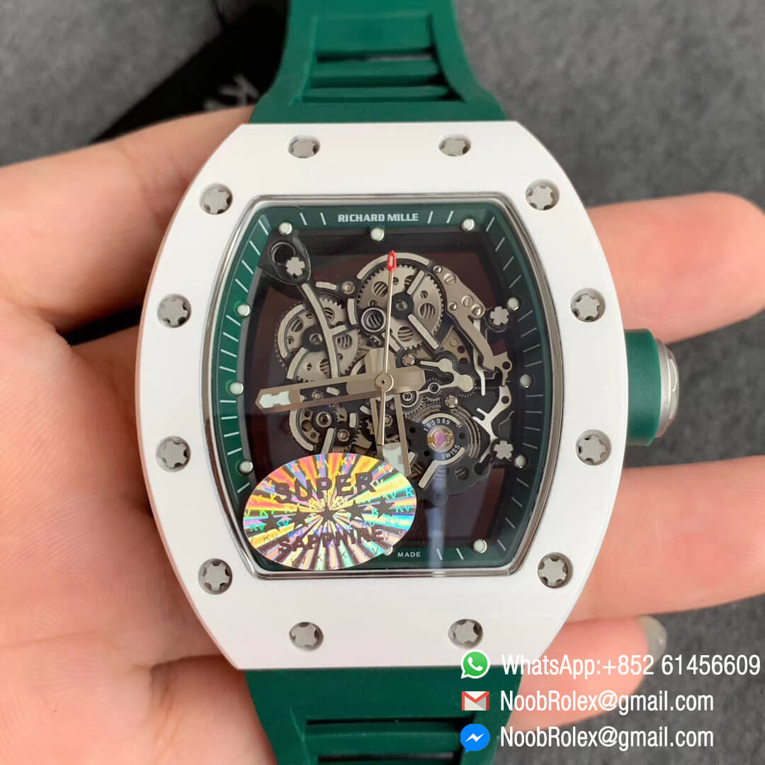 RM055 Bubba Watson Limited Edition Real White Ceramic Bezel Skeleton Dial Green Inner on Green Rubber Strap MIYOTA8215 KV Factory 1:1 Best Quality