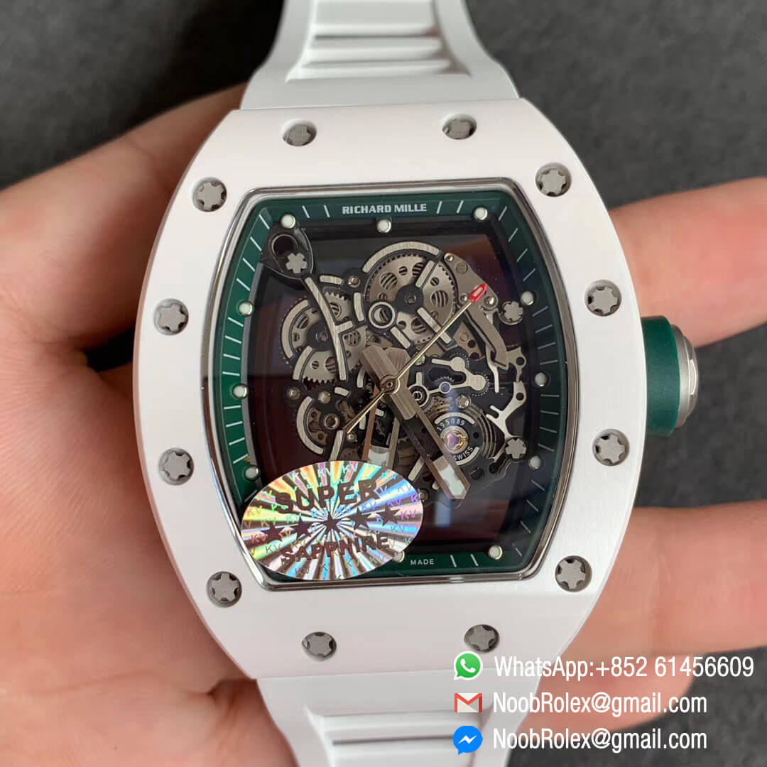RM055 Bubba Watson Limited Edition Real White Ceramic Bezel Skeleton Dial Green Inner on White Rubber Strap MIYOTA8215 KVF 1:1 Best Replica Edition