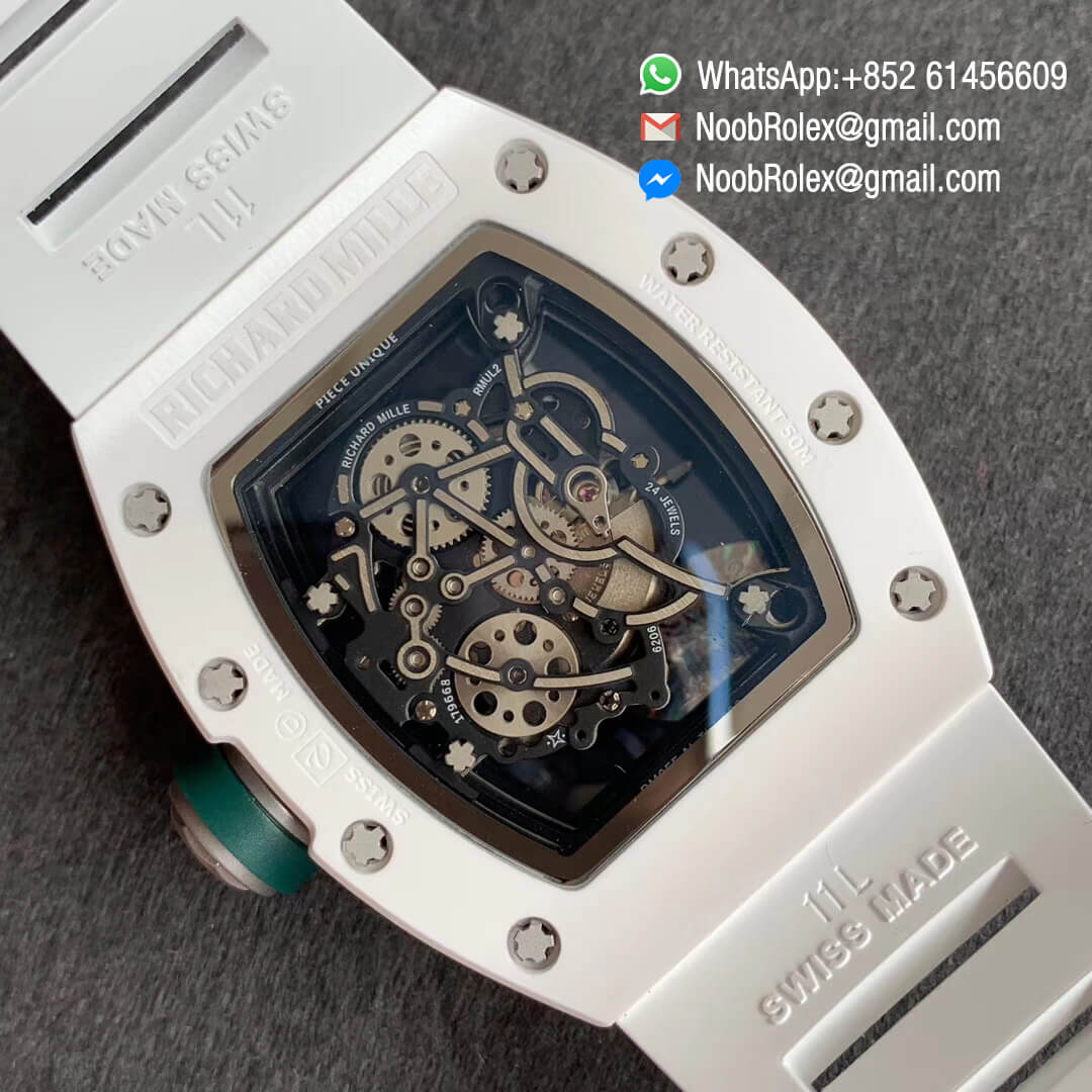 RM055 Bubba Watson Limited Edition Real White Ceramic Bezel Skeleton Dial Green Inner on White Rubber Strap MIYOTA8215 KVF 1:1 Best Replica Edition