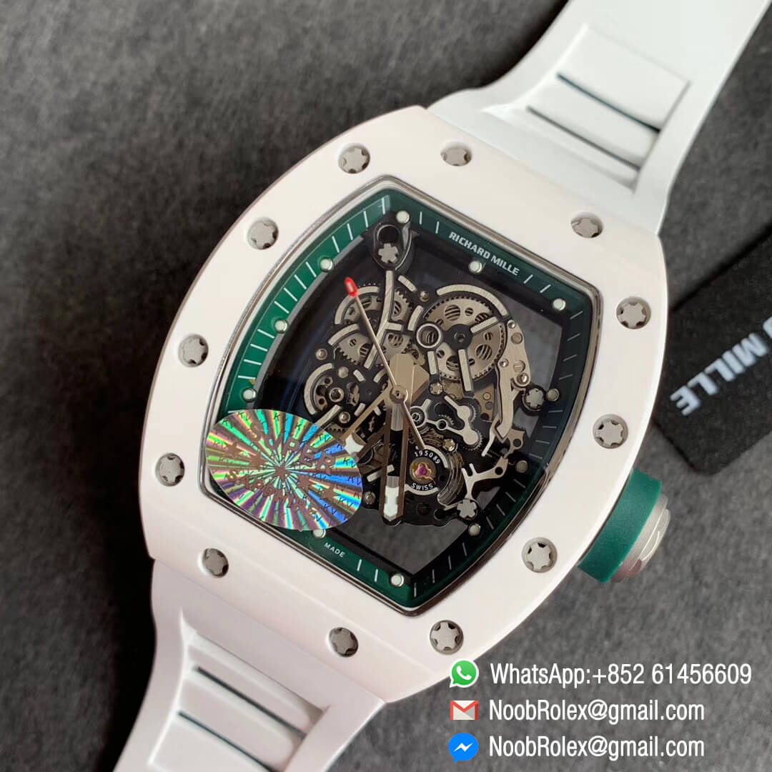 RM055 Bubba Watson Limited Edition Real White Ceramic Bezel Skeleton Dial Green Inner on White Rubber Strap MIYOTA8215 KVF 1:1 Best Replica Edition