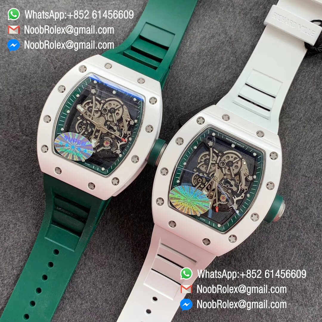 RM055 Bubba Watson Limited Edition Real White Ceramic Bezel Skeleton Dial Green Inner on White Rubber Strap MIYOTA8215 KVF 1:1 Best Replica Edition