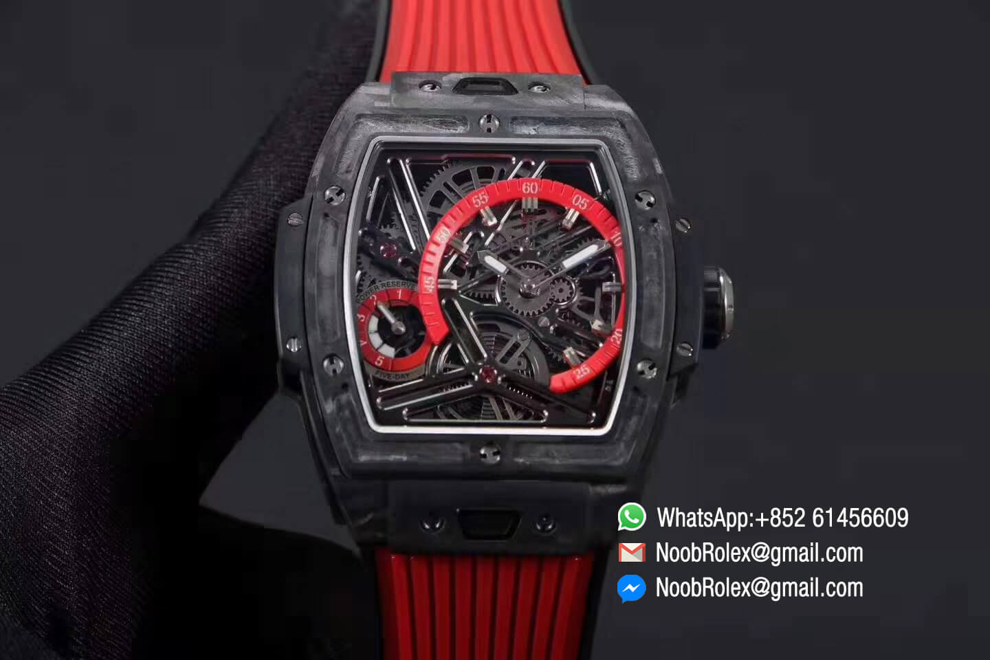 Spirit of Big Bang Tourbillon Black Forged Carbon Case & Bezel with Red Rubber Strap Asia 23J Automatic Power Reserve Movement 1:1 Top Quality