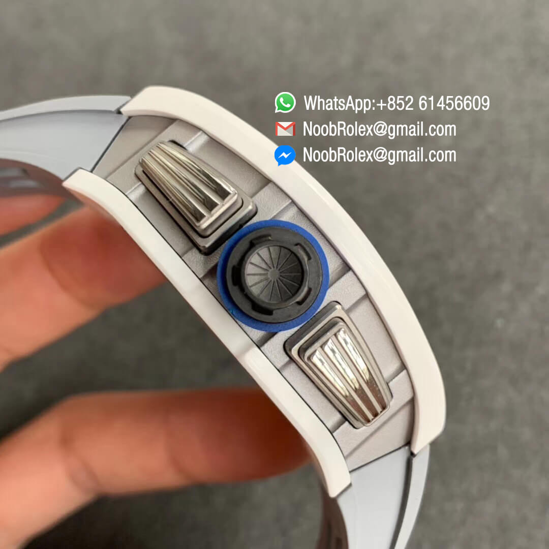 KV Factory Swiss Watch Replica RM011 FM Polo Club St Tropez Edition White Ceramic Case Flyback Chronograph Crystal Skeleton Dial Blue Crown 04