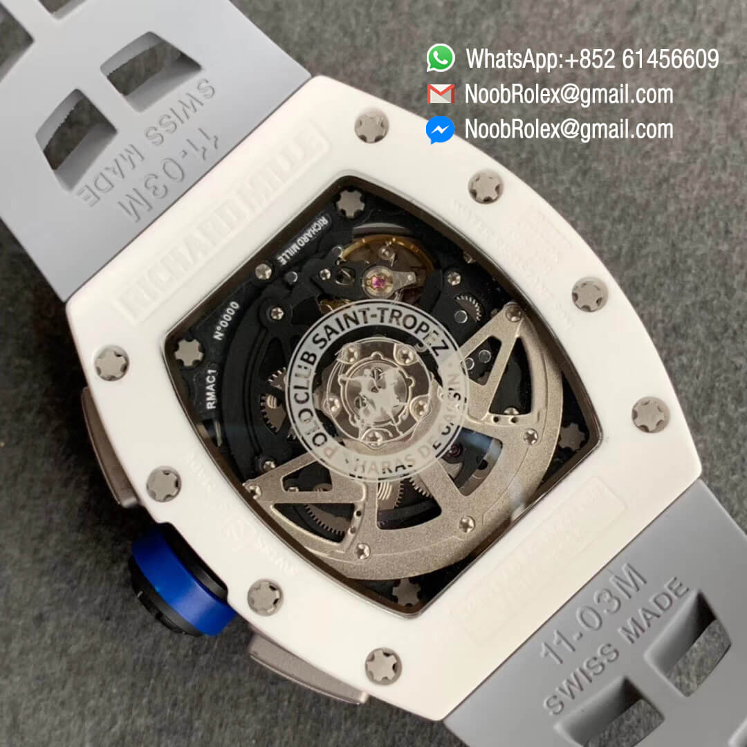 KV Factory Swiss Watch Replica RM011 FM Polo Club St Tropez Edition White Ceramic Case Flyback Chronograph Crystal Skeleton Dial Blue Crown 08