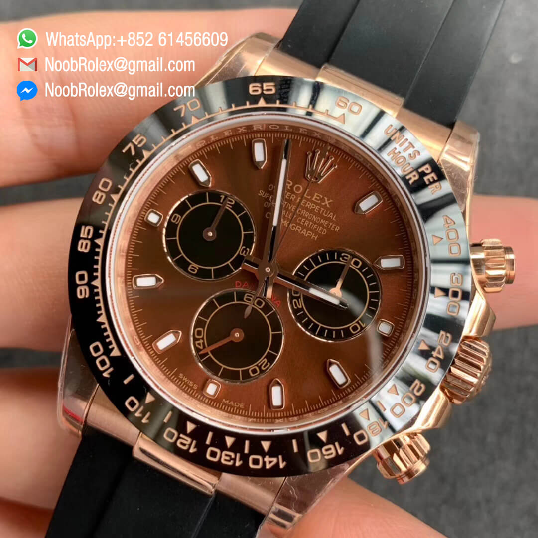 Noob Factory Replica Swiss ETA Watch Daytona 116515 Rose Gold Case Chocolate Dial Lume Markers on Black Rubber Strap SA4130 03