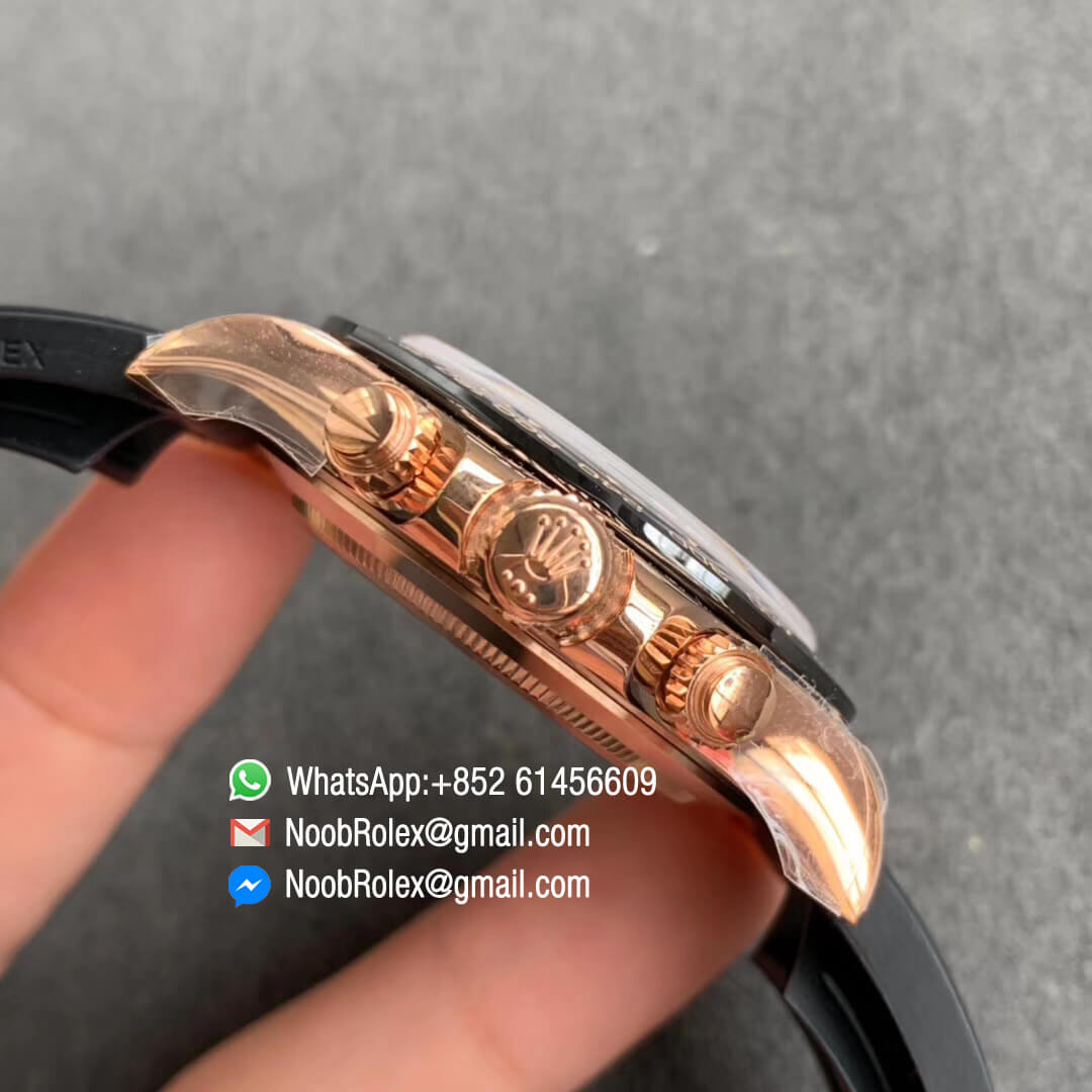 Noob Factory Replica Swiss ETA Watch Daytona 116515 Rose Gold Case Chocolate Dial Lume Markers on Black Rubber Strap SA4130 04