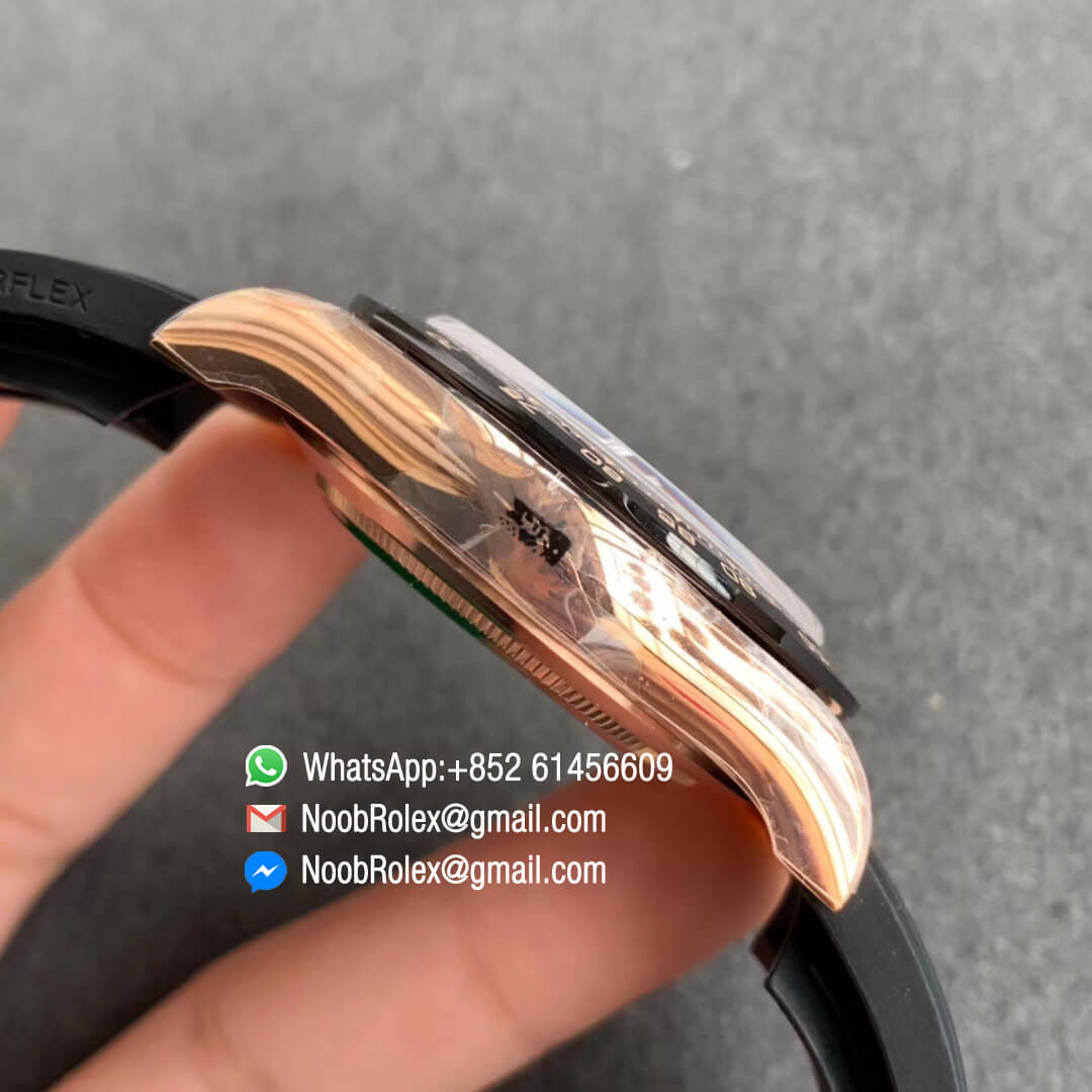 Noob Factory Replica Swiss ETA Watch Daytona 116515 Rose Gold Case Chocolate Dial Lume Markers on Black Rubber Strap SA4130 05