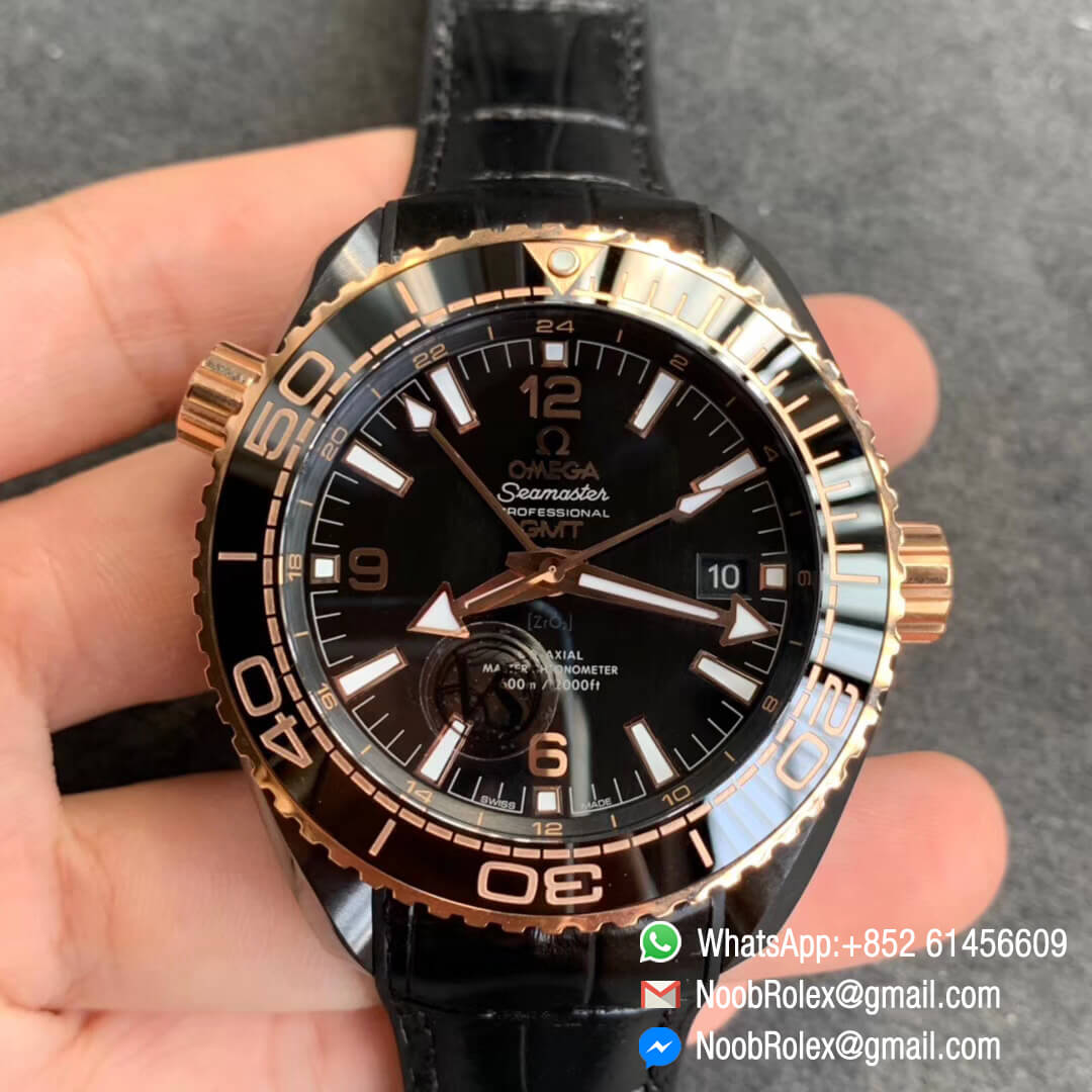 Swiss Clone Watches VS Factory Top Edition Omega Planet Ocean Deep Gold Black 45mm Black Ceramic on Black Leather Strap A8906 Super Clone 01