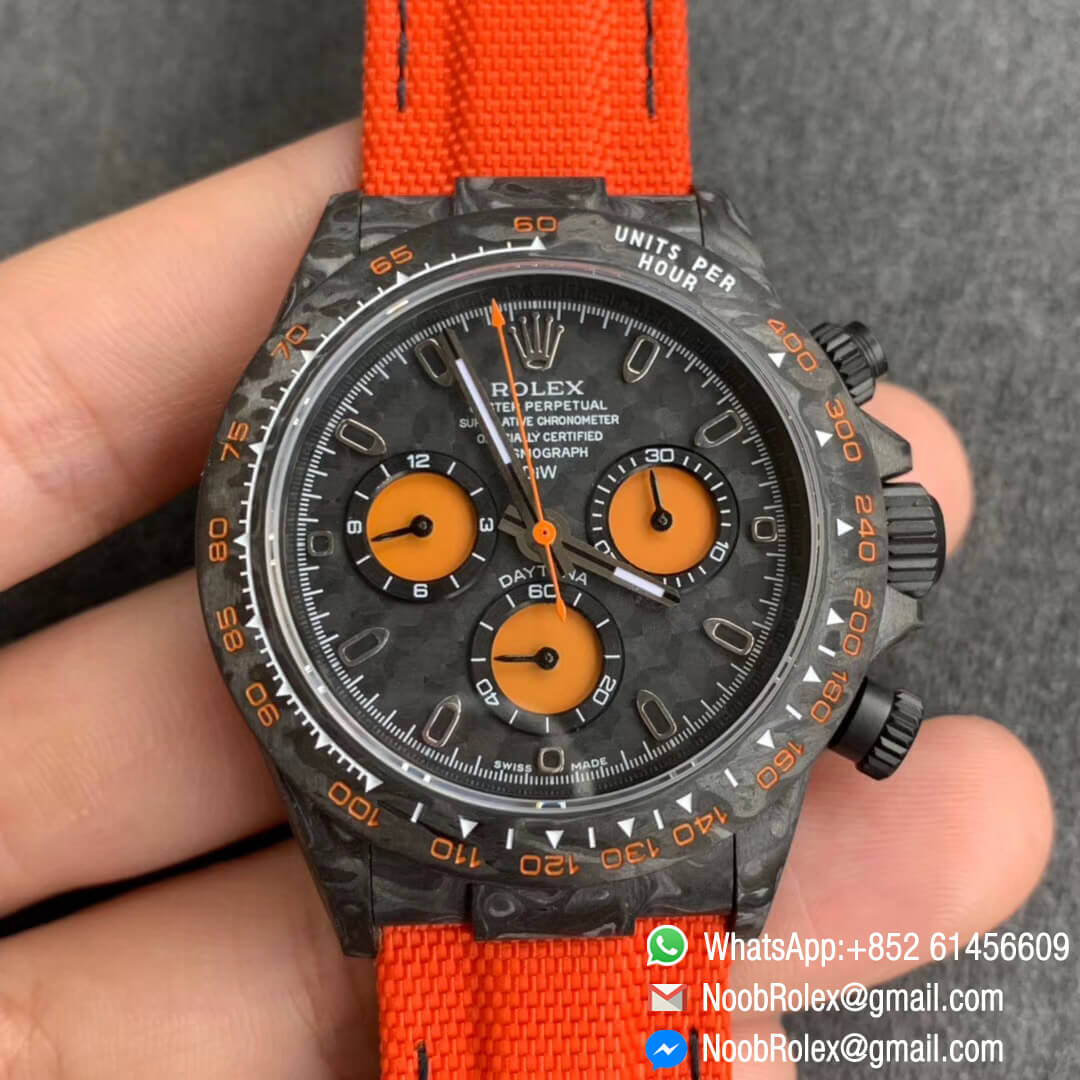 Swiss ETA Watch Replica WWF Daytona DIW Carbon Case and Bezel Black Orange Dial on Orange Nylon Strap A7750 01