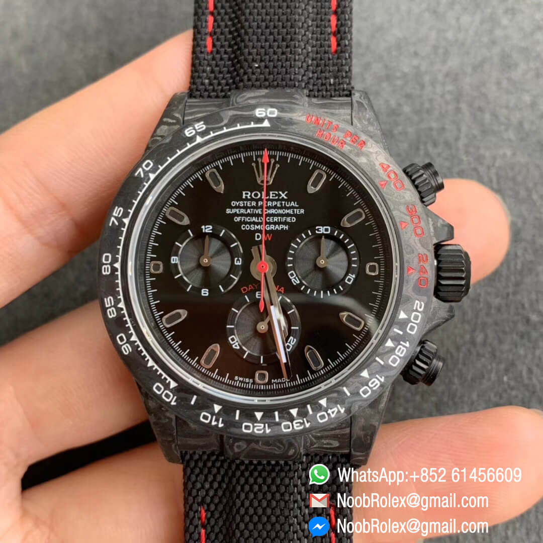 Swiss Movement Clone Watches WWF Daytona DIW Carbon Case and Bezel Black Dial on Black Nylon Strap A7750 01