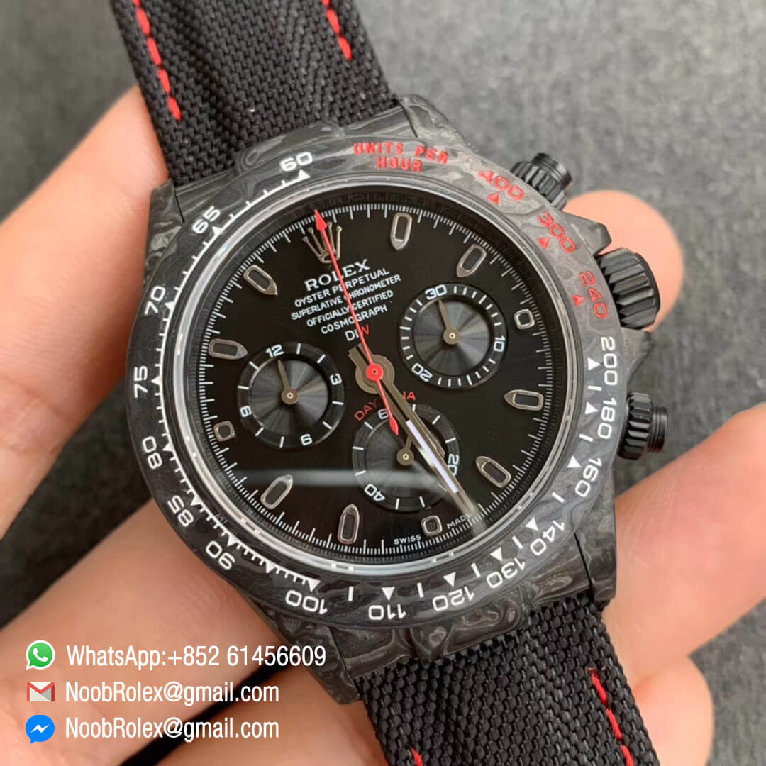 Swiss Movement Clone Watches WWF Daytona DIW Carbon Case and Bezel Black Dial on Black Nylon Strap A7750 02