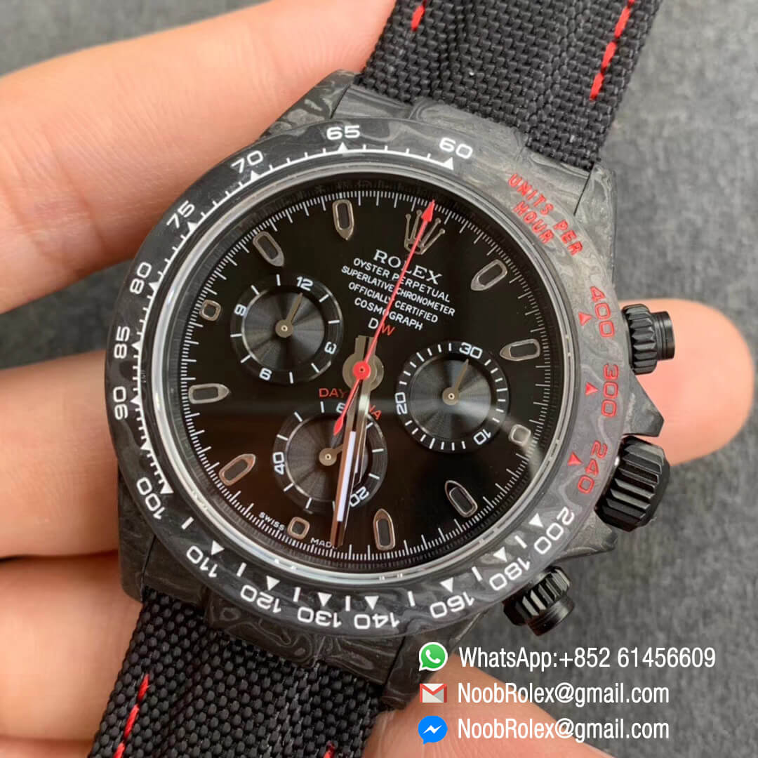 Swiss Movement Clone Watches WWF Daytona DIW Carbon Case and Bezel Black Dial on Black Nylon Strap A7750 03