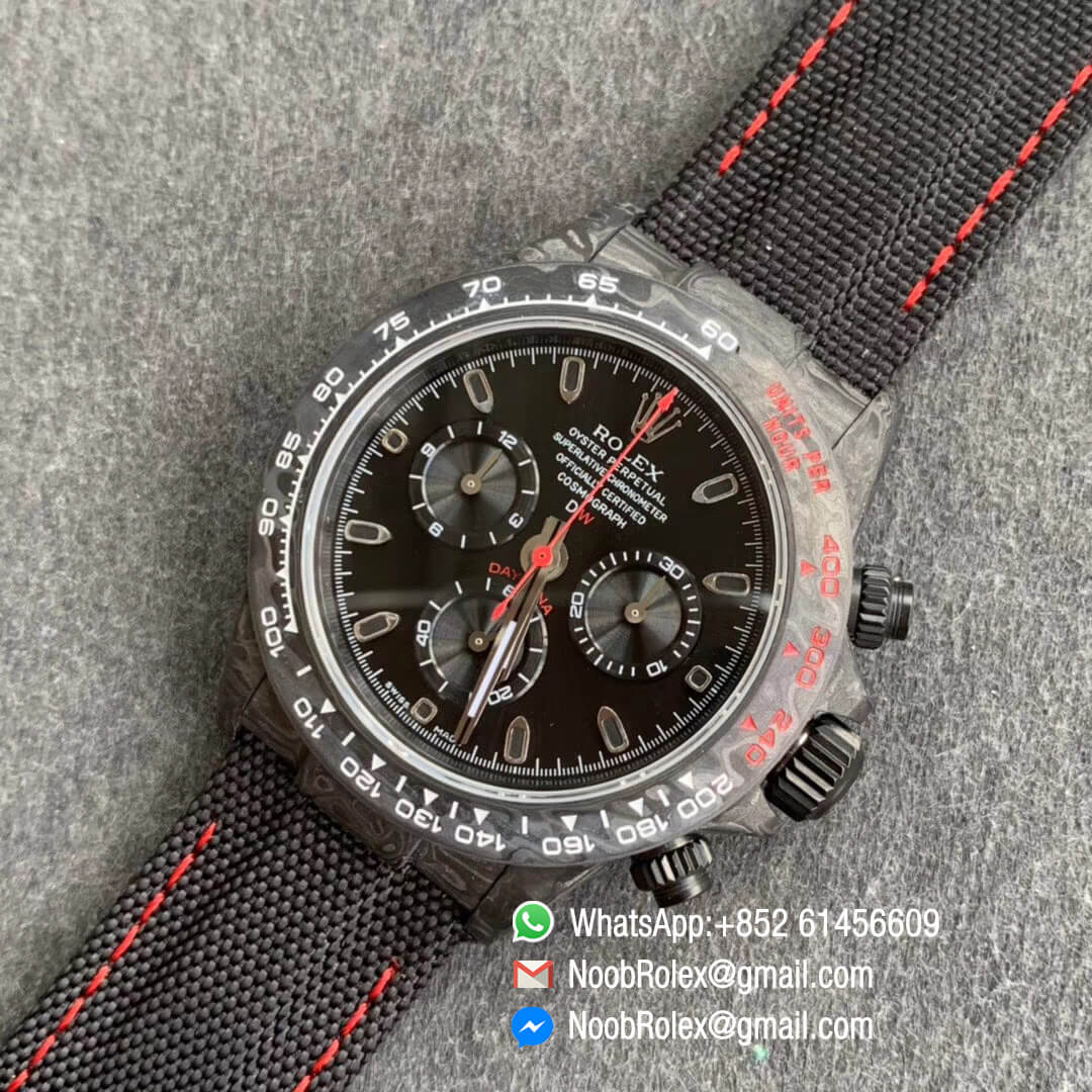 Swiss Movement Clone Watches WWF Daytona DIW Carbon Case and Bezel Black Dial on Black Nylon Strap A7750 09