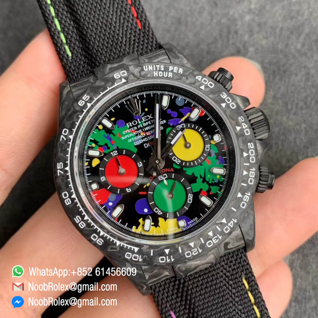 Swiss Replica Watches Rolex Daytona DIW Carbon Case and Bezel Motley Colorful Dial on Black Nylon Strap A7750 TWF Best Edition