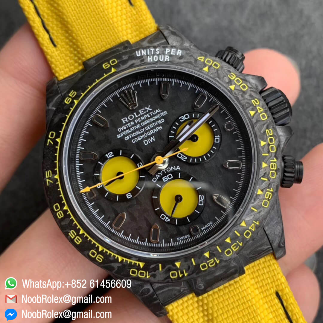 Swiss Replica Watches Rolex Daytona DIW Black Carbon Case and Bezel Black Dial on Yellow Nylon Strap A7750 TWF Best Edition