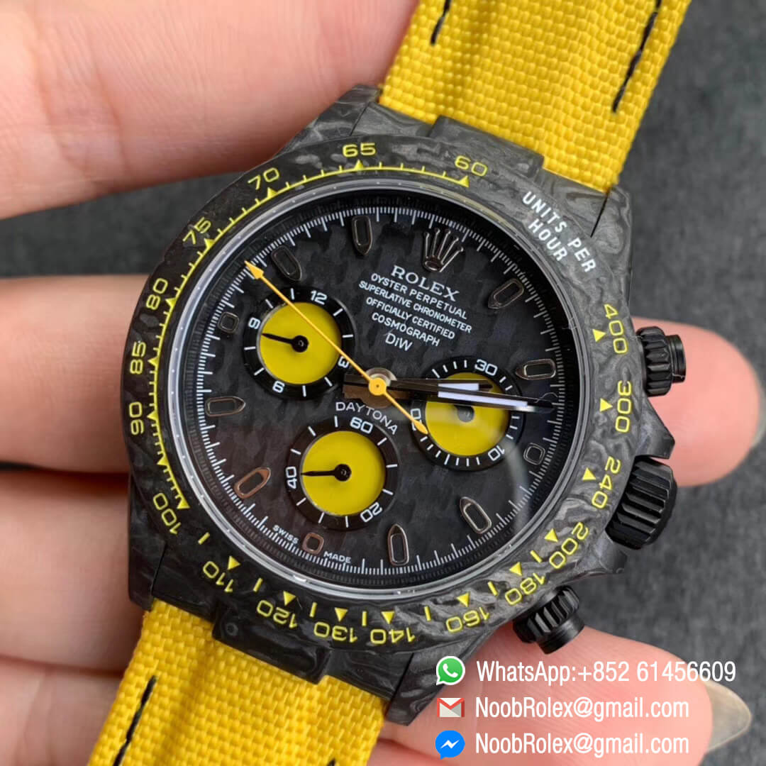 Swiss Replica Watches Rolex Daytona DIW Black Carbon Case and Bezel Black Dial on Yellow Nylon Strap A7750 TWF Best Edition