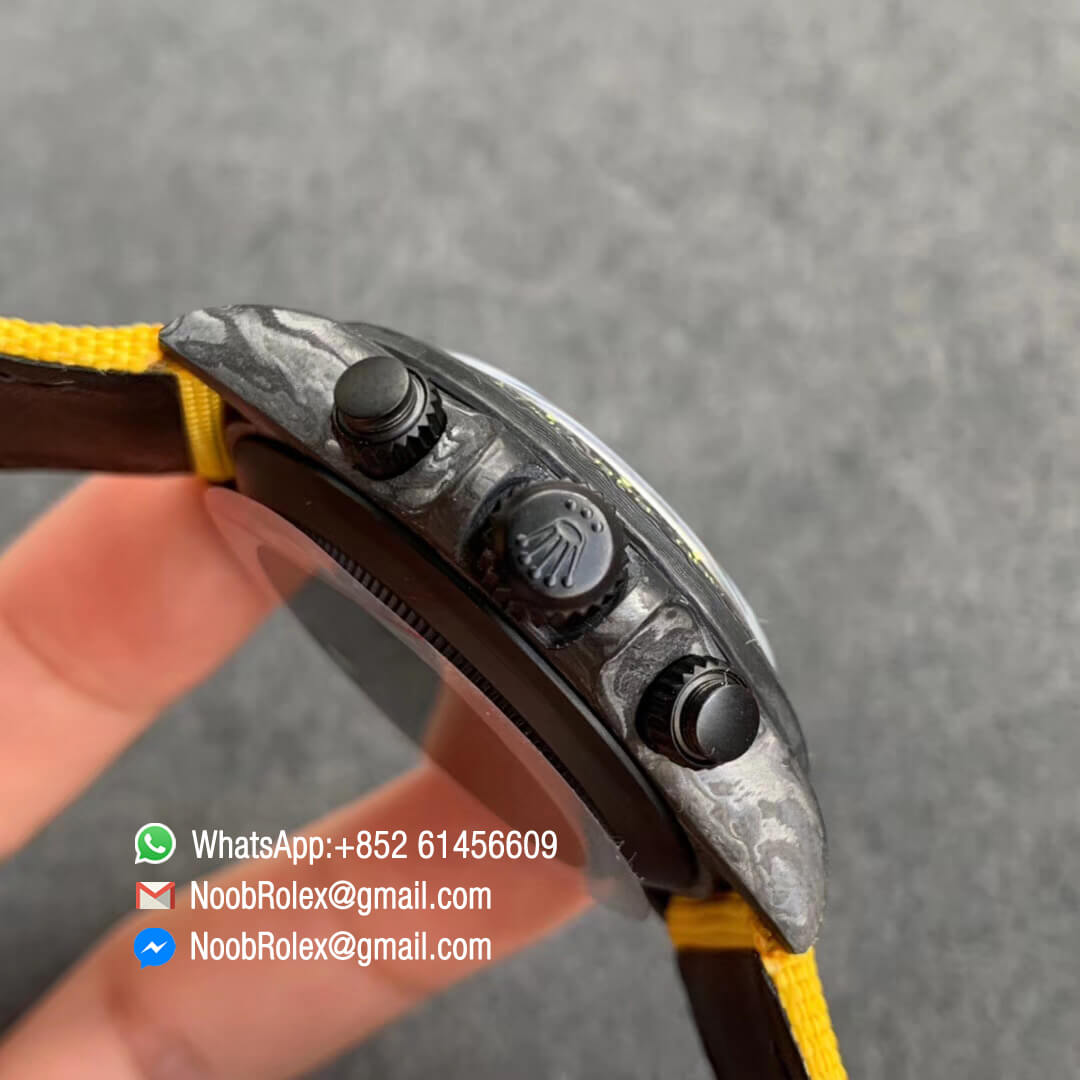 Swiss Replica Watches Rolex Daytona DIW Black Carbon Case and Bezel Black Dial on Yellow Nylon Strap A7750 TWF Best Edition