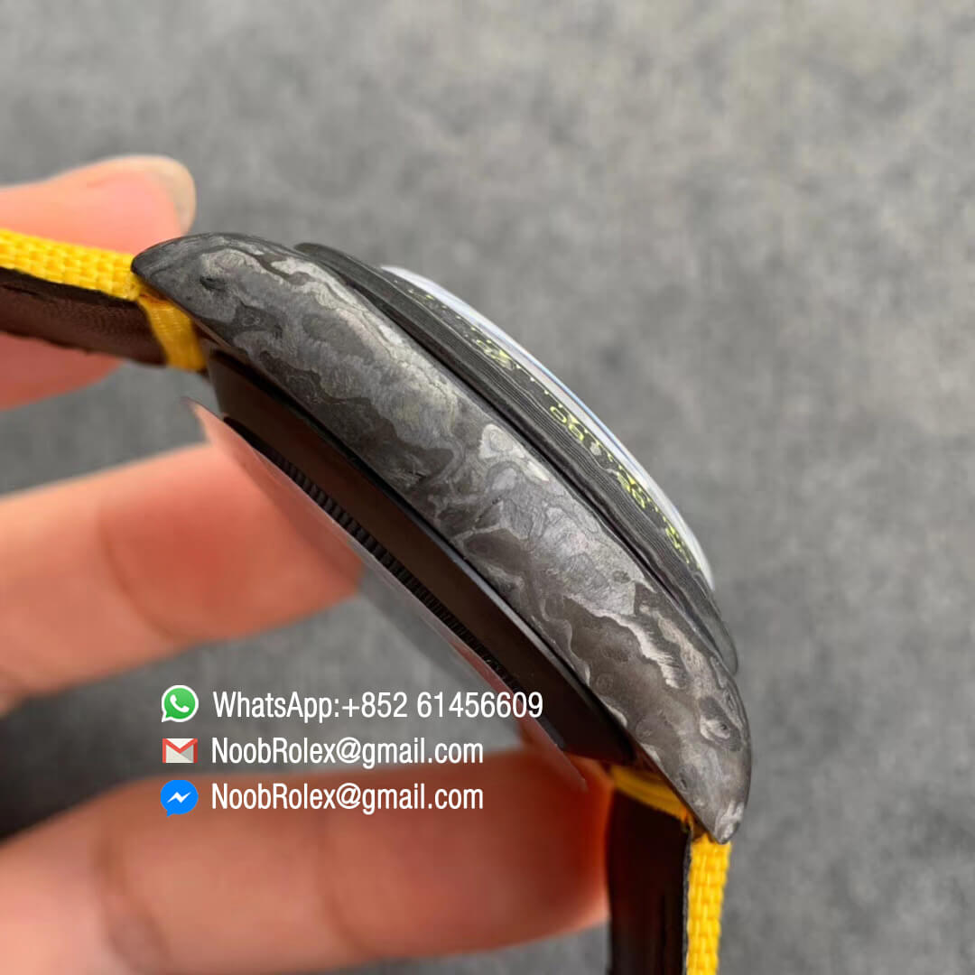 Swiss Replica Watches Rolex Daytona DIW Black Carbon Case and Bezel Black Dial on Yellow Nylon Strap A7750 TWF Best Edition