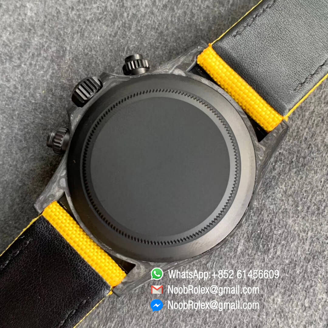 Swiss Replica Watches Rolex Daytona DIW Black Carbon Case and Bezel Black Dial on Yellow Nylon Strap A7750 TWF Best Edition