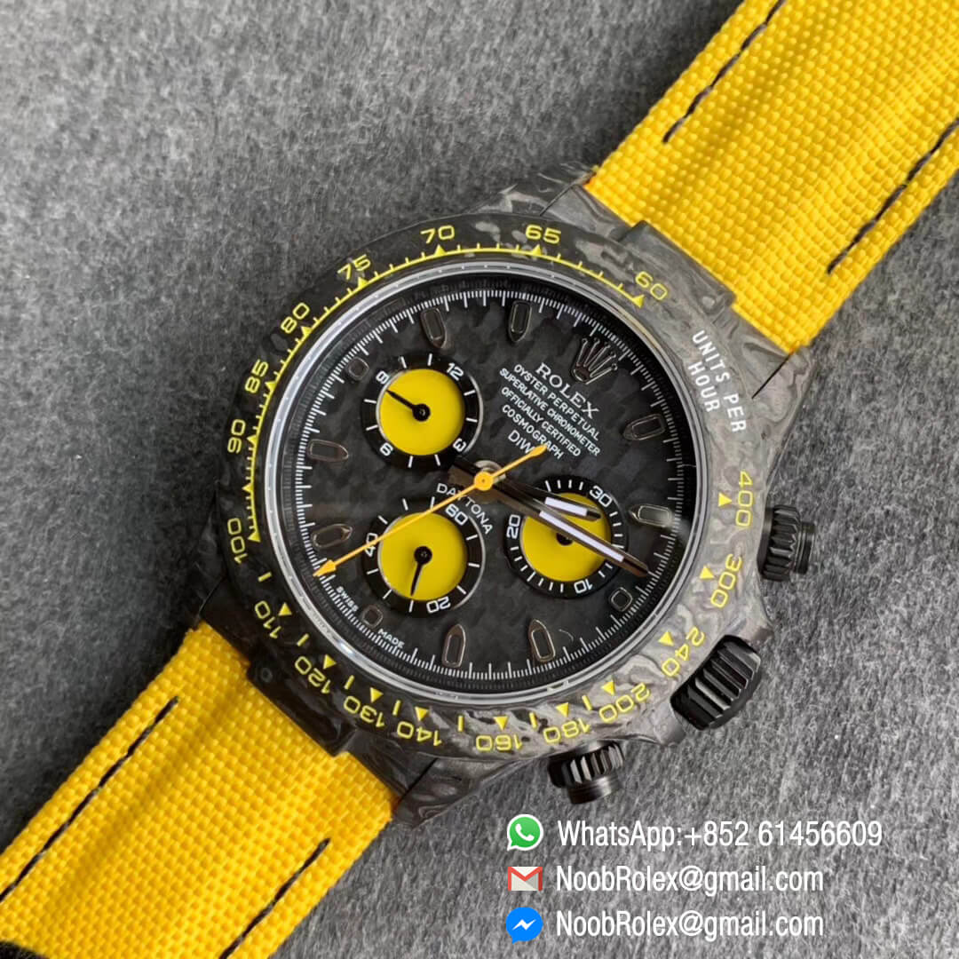 Swiss Replica Watches Rolex Daytona DIW Black Carbon Case and Bezel Black Dial on Yellow Nylon Strap A7750 TWF Best Edition
