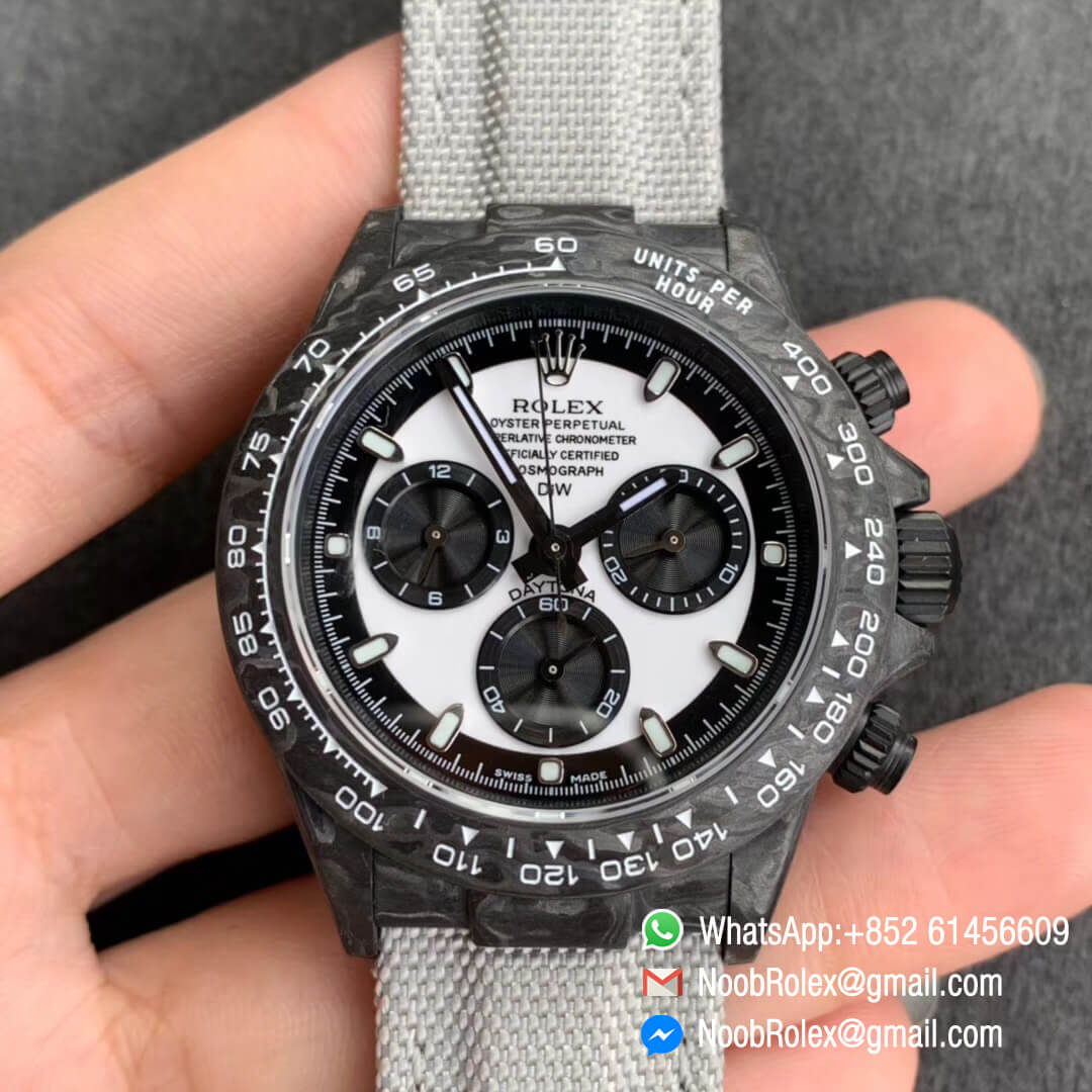 Swiss Replica Watches Daytona DIW Black Carbon Case and Bezel White & Black Dial on Black Nylon Strap A7750 TWF Best Edition