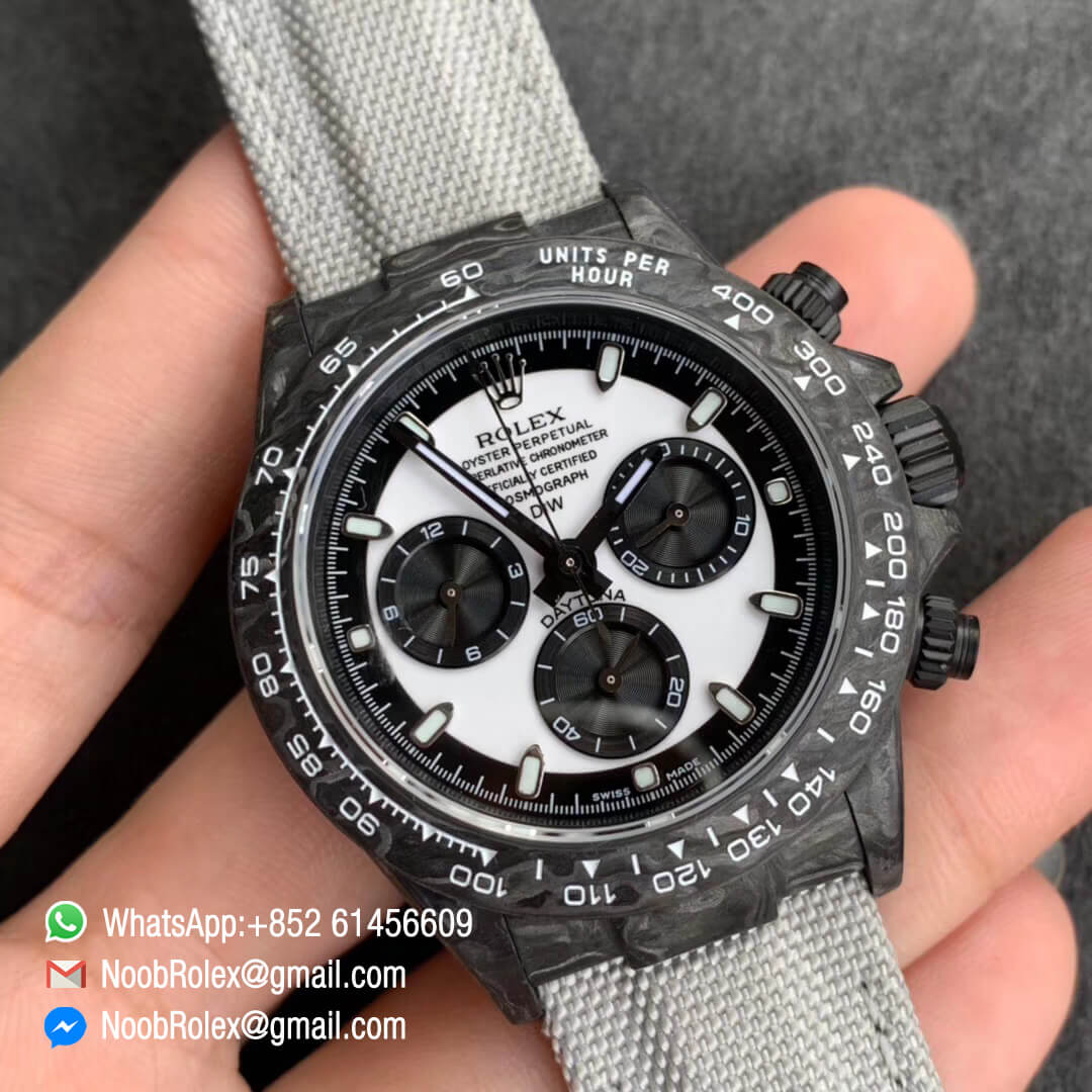 Swiss Replica Watches Daytona DIW Black Carbon Case and Bezel White & Black Dial on Black Nylon Strap A7750 TWF Best Edition