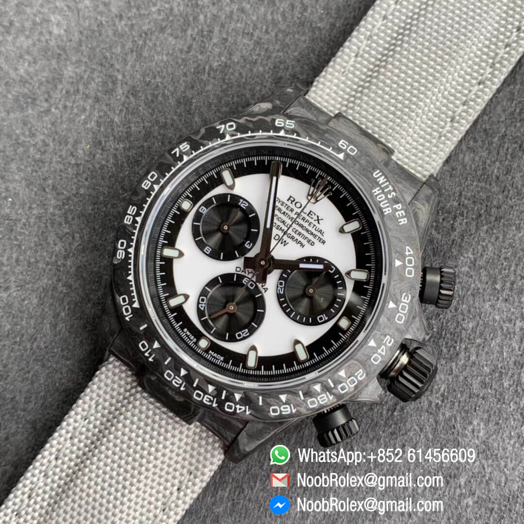 Swiss Replica Watches Daytona DIW Black Carbon Case and Bezel White & Black Dial on Black Nylon Strap A7750 TWF Best Edition