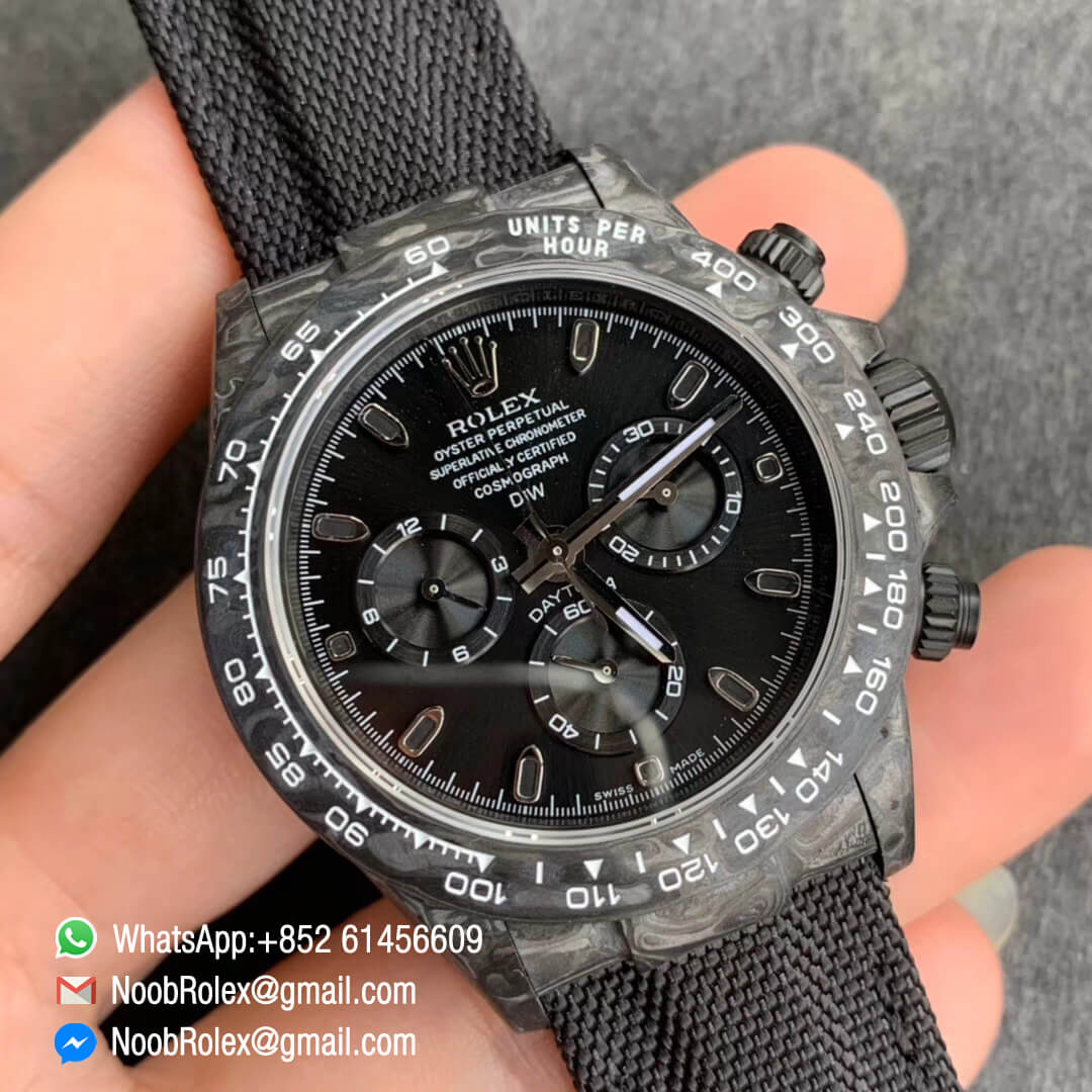 Swiss Replica Watches Rolex Daytona DIW Black Carbon Case and Black Dial on Black Nylon Strap A7750 A7750 TWF Best Edition