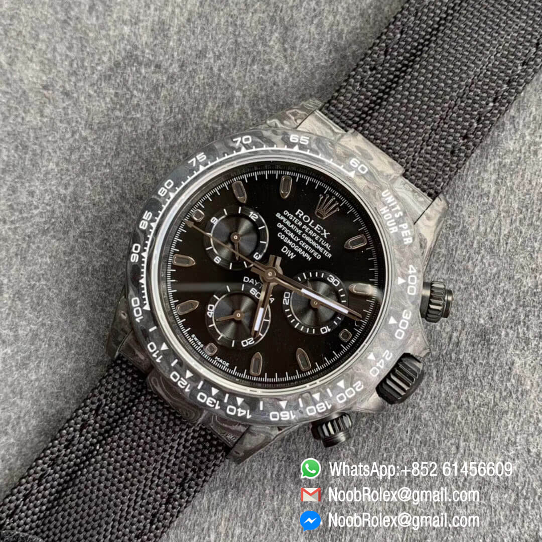 Swiss Replica Watches Rolex Daytona DIW Black Carbon Case and Black Dial on Black Nylon Strap A7750 A7750 TWF Best Edition