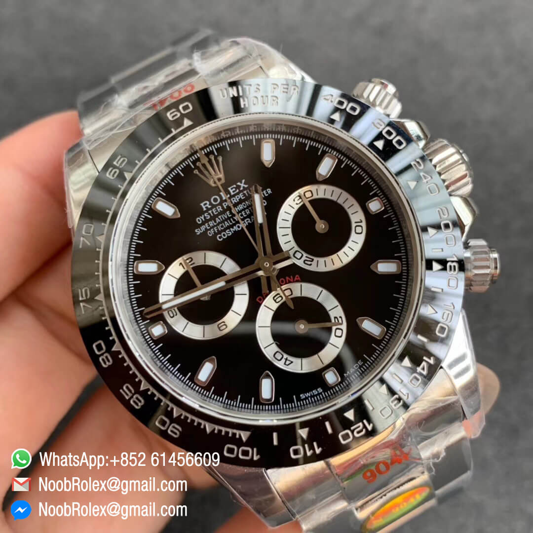 Swiss Watch Replica China Noob Factory Daytona 116500 904L Steel and Bracelet Black Dial SA4130 V3 Update the Bezel to White Gold Font 02