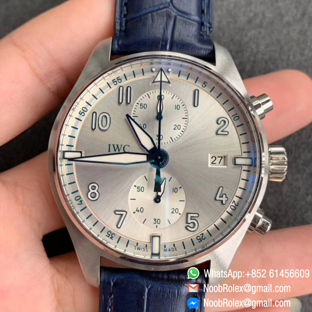 Swiss Watch Replica Pilot IW387812 Chrono Function Steel Case Silver Dial with Blue Markers on Blue Leather Strap A7750 ZF Edition