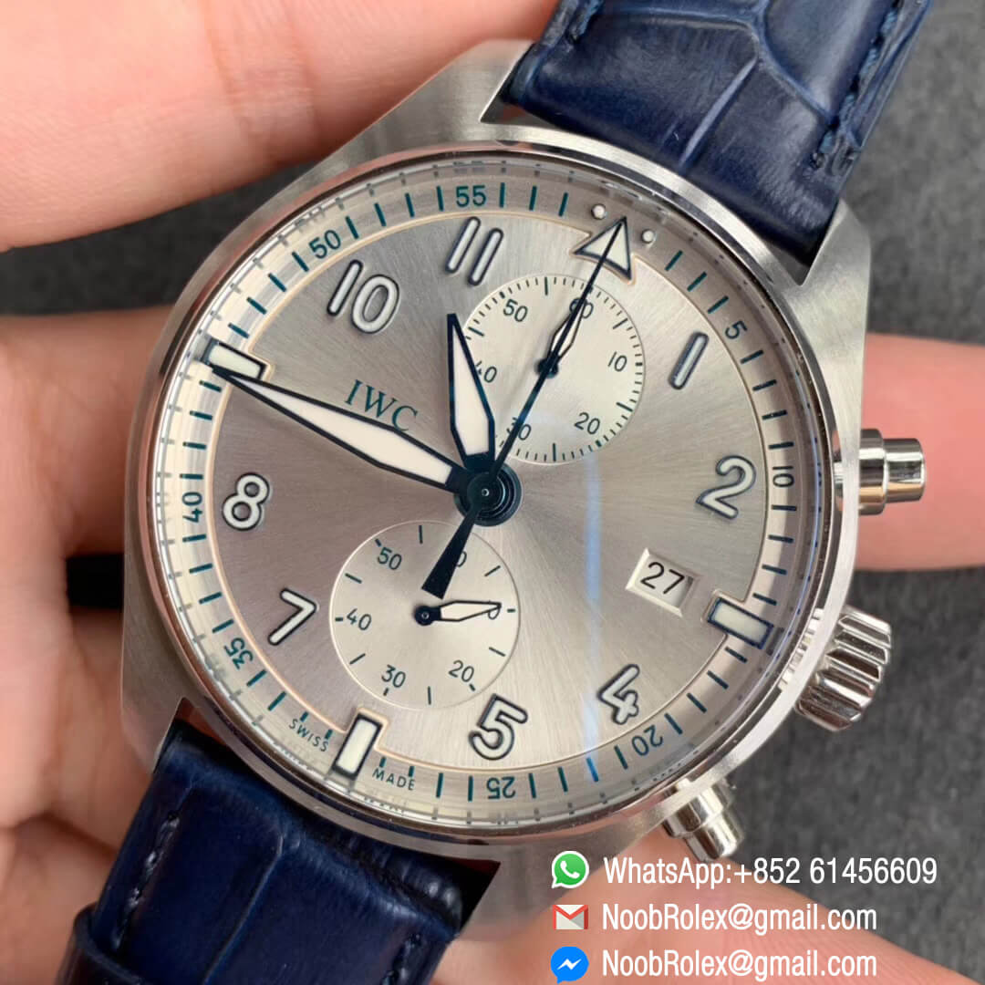 Swiss Watch Replica Pilot IW387812 Chrono Function Steel Case Silver Dial with Blue Markers on Blue Leather Strap A7750 ZF Edition