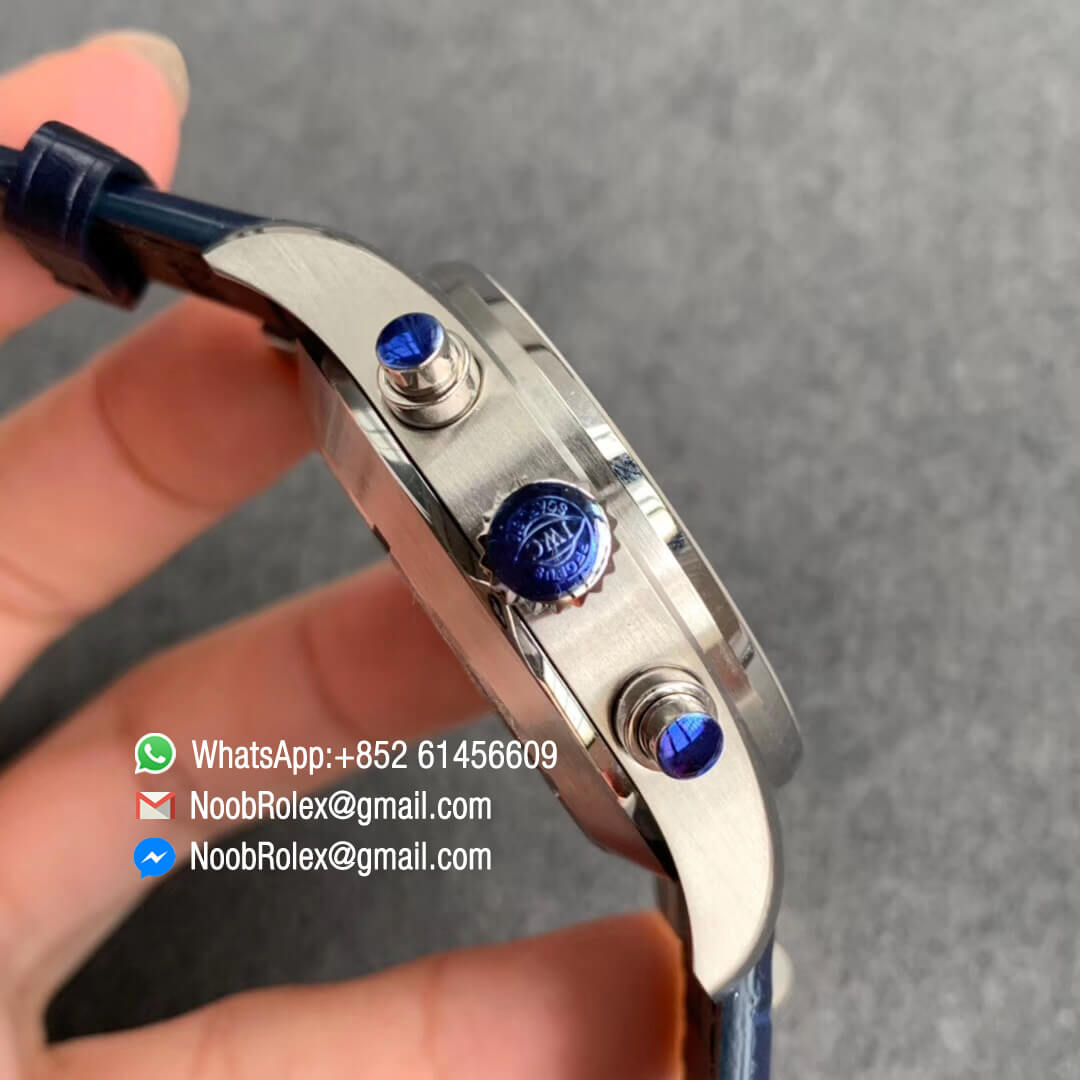 Swiss Watch Replica Pilot IW387812 Chrono Function Steel Case Silver Dial with Blue Markers on Blue Leather Strap A7750 ZF Edition