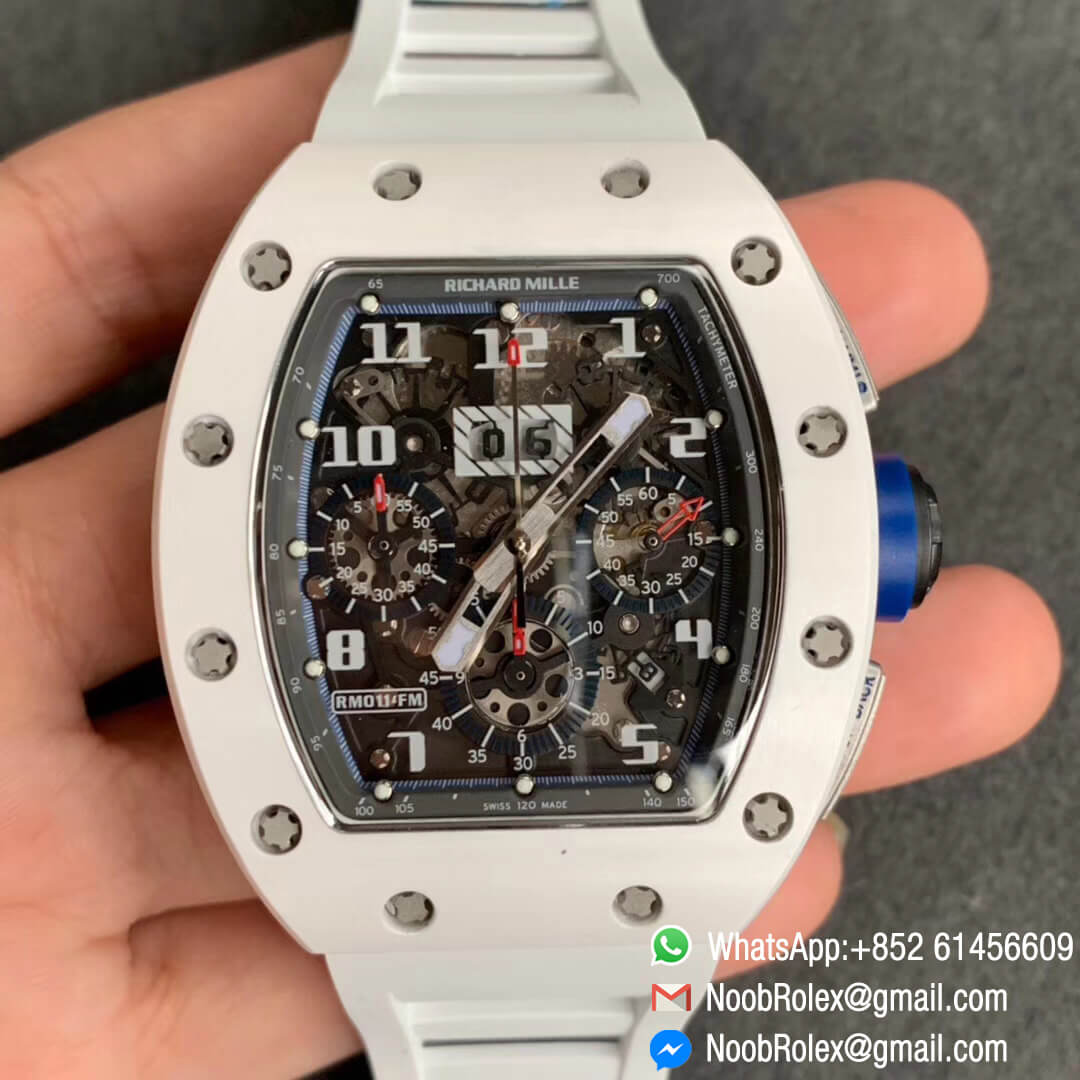 Swiss Watch Replica RM011 White Ceramic Case Chronograph KV Factory Edition Crystal Skeleton Dial Blue on White Rubber Strap A7750 01