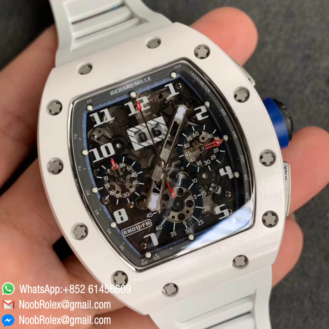 Swiss Watch Replica RM011 White Ceramic Case Chronograph KV Factory Edition Crystal Skeleton Dial Blue on White Rubber Strap A7750 02