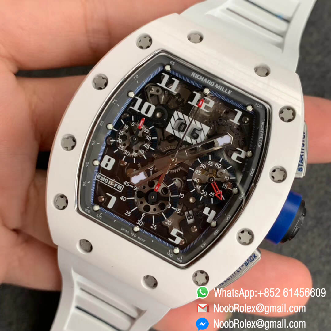 Swiss Watch Replica RM011 White Ceramic Case Chronograph KV Factory Edition Crystal Skeleton Dial Blue on White Rubber Strap A7750 03