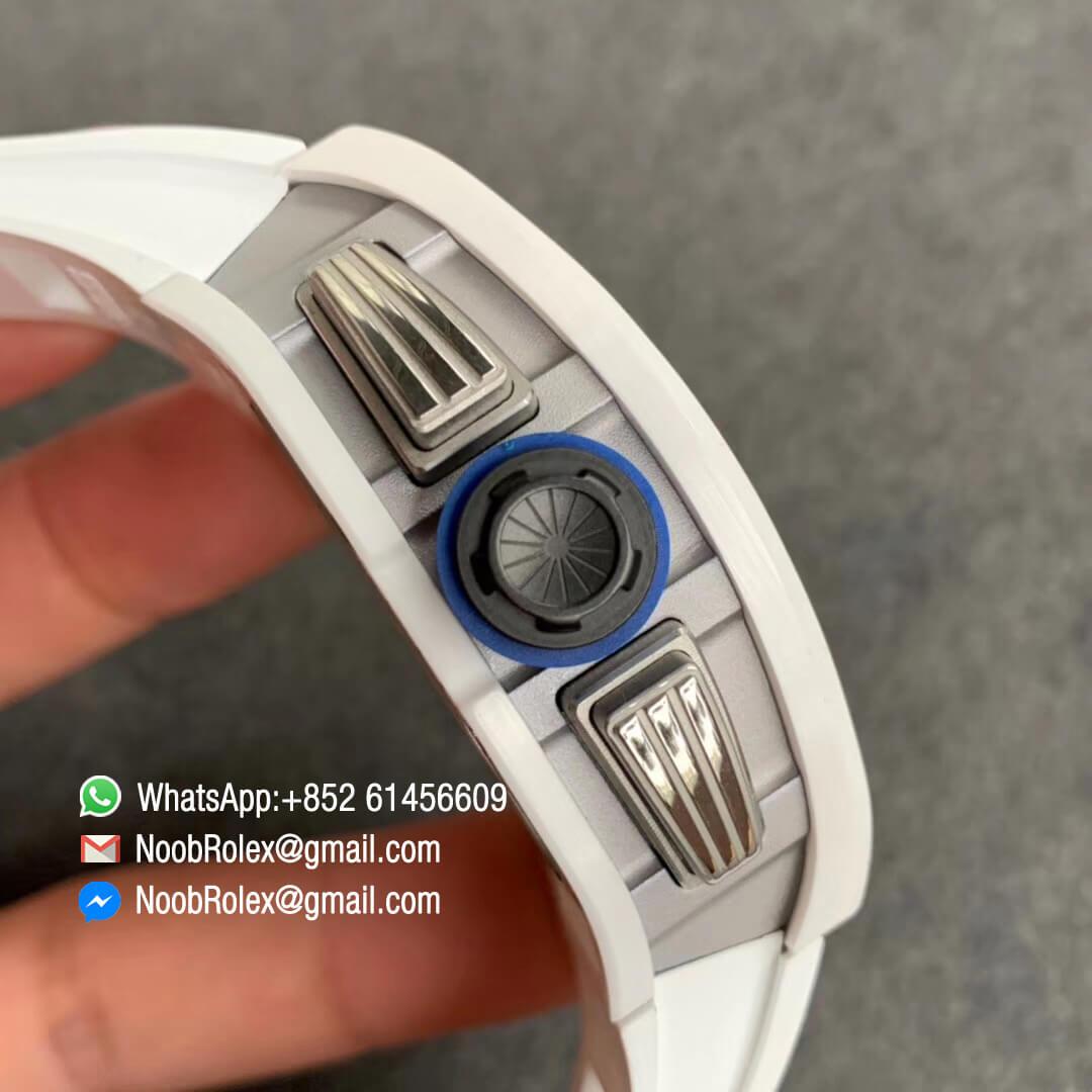 Swiss Watch Replica RM011 White Ceramic Case Chronograph KV Factory Edition Crystal Skeleton Dial Blue on White Rubber Strap A7750 04