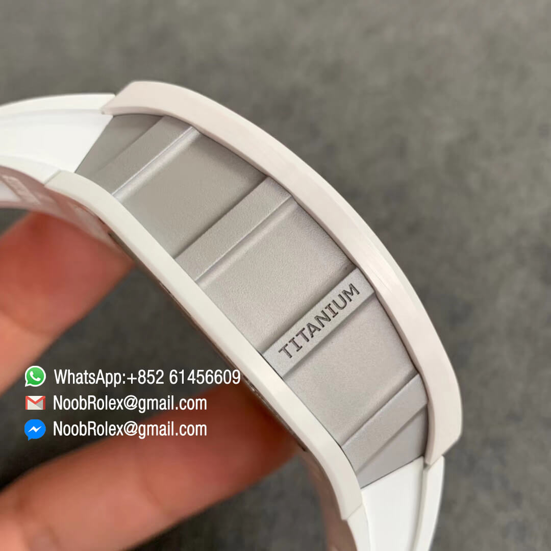 Swiss Watch Replica RM011 White Ceramic Case Chronograph KV Factory Edition Crystal Skeleton Dial Blue on White Rubber Strap A7750 05