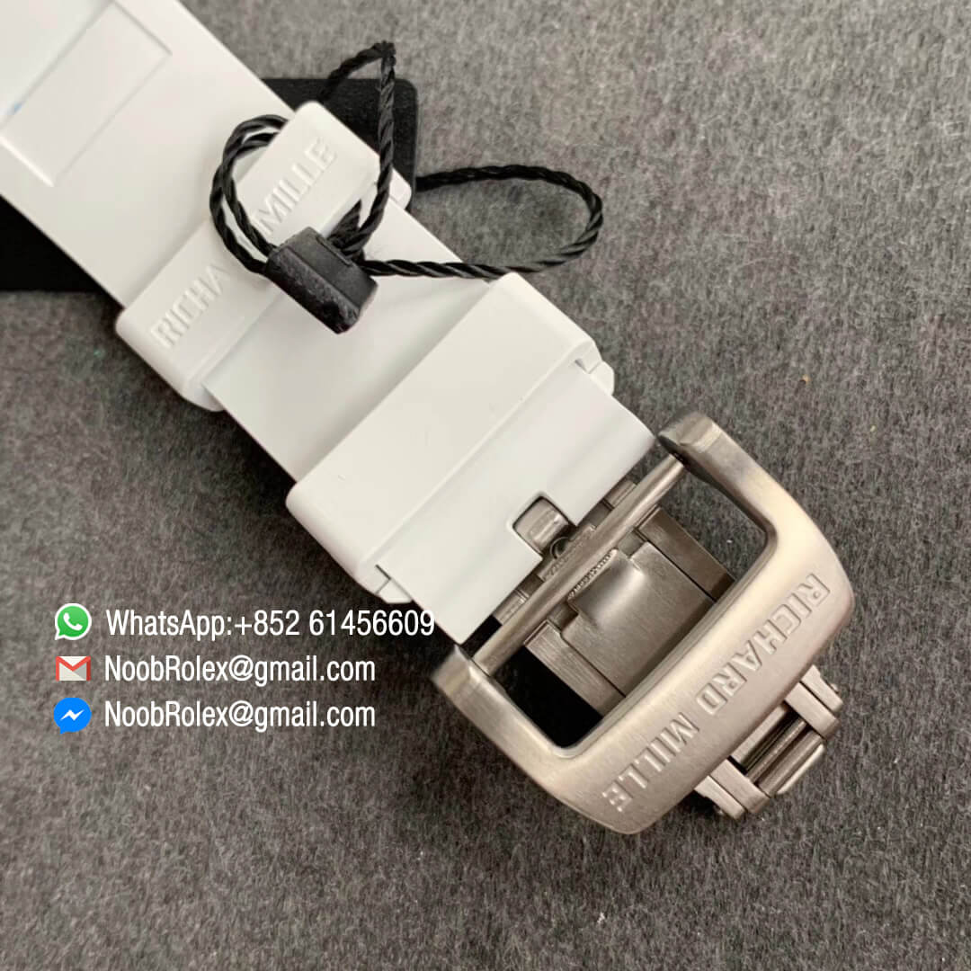 Swiss Watch Replica RM011 White Ceramic Case Chronograph KV Factory Edition Crystal Skeleton Dial Blue on White Rubber Strap A7750 06