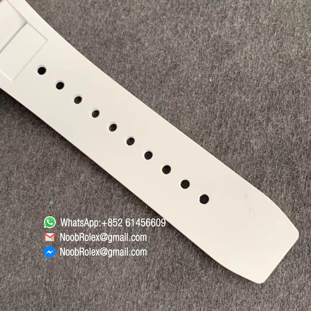 Swiss Watch Replica RM011 White Ceramic Case Chronograph KV Factory Edition Crystal Skeleton Dial Blue on White Rubber Strap A7750 07