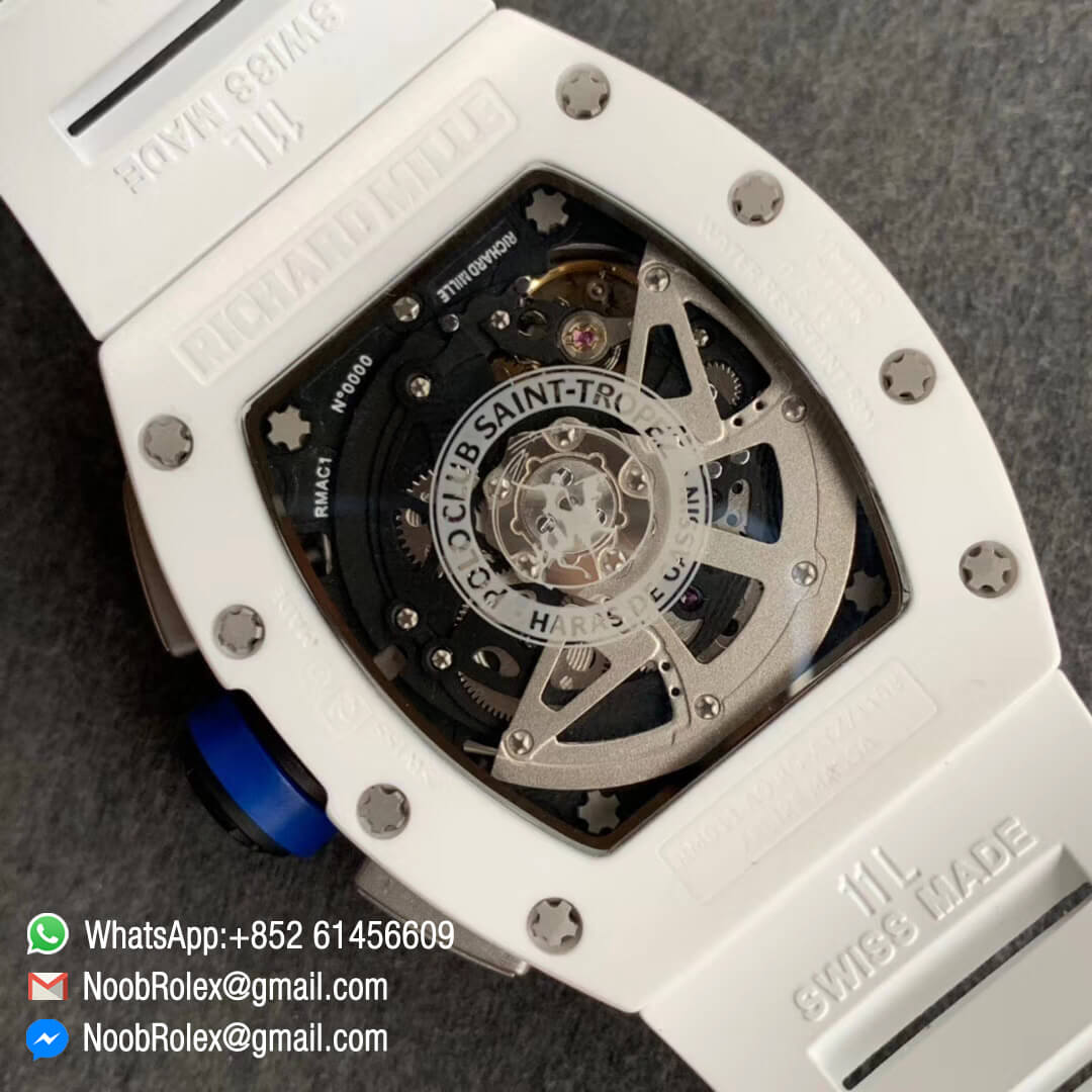 Swiss Watch Replica RM011 White Ceramic Case Chronograph KV Factory Edition Crystal Skeleton Dial Blue on White Rubber Strap A7750 08